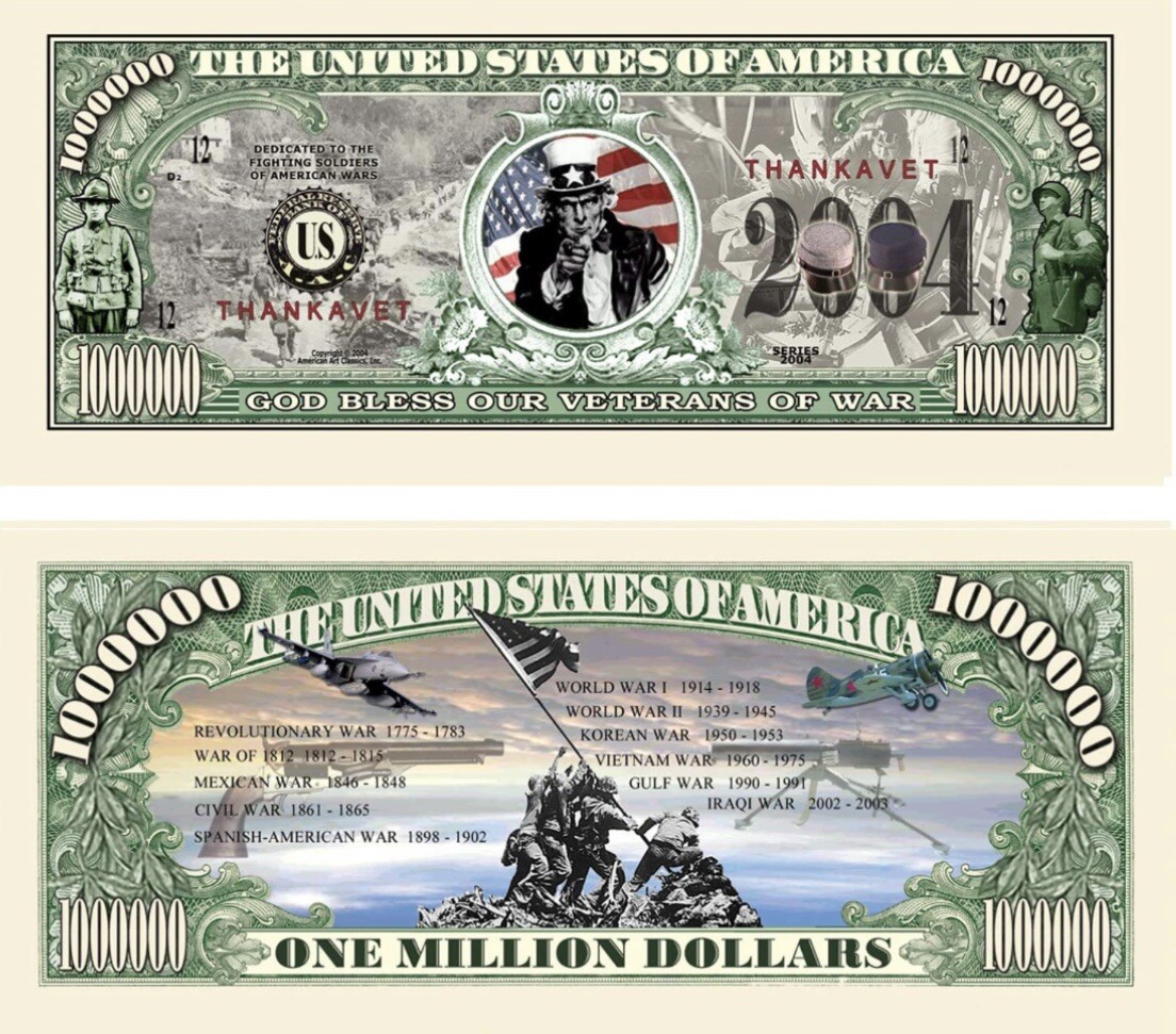Pack of 50 Military War Veterans Money Collectible Novelty 1 Million Dollar Bill