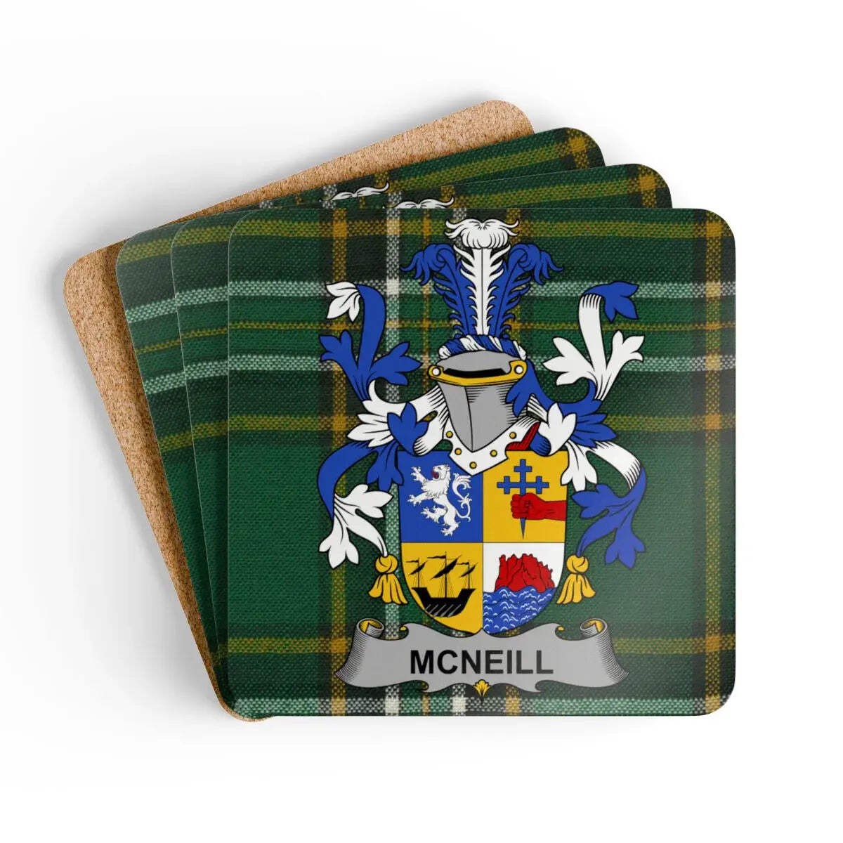 McNeill Irish Family Crest Tartan Coaster Set
