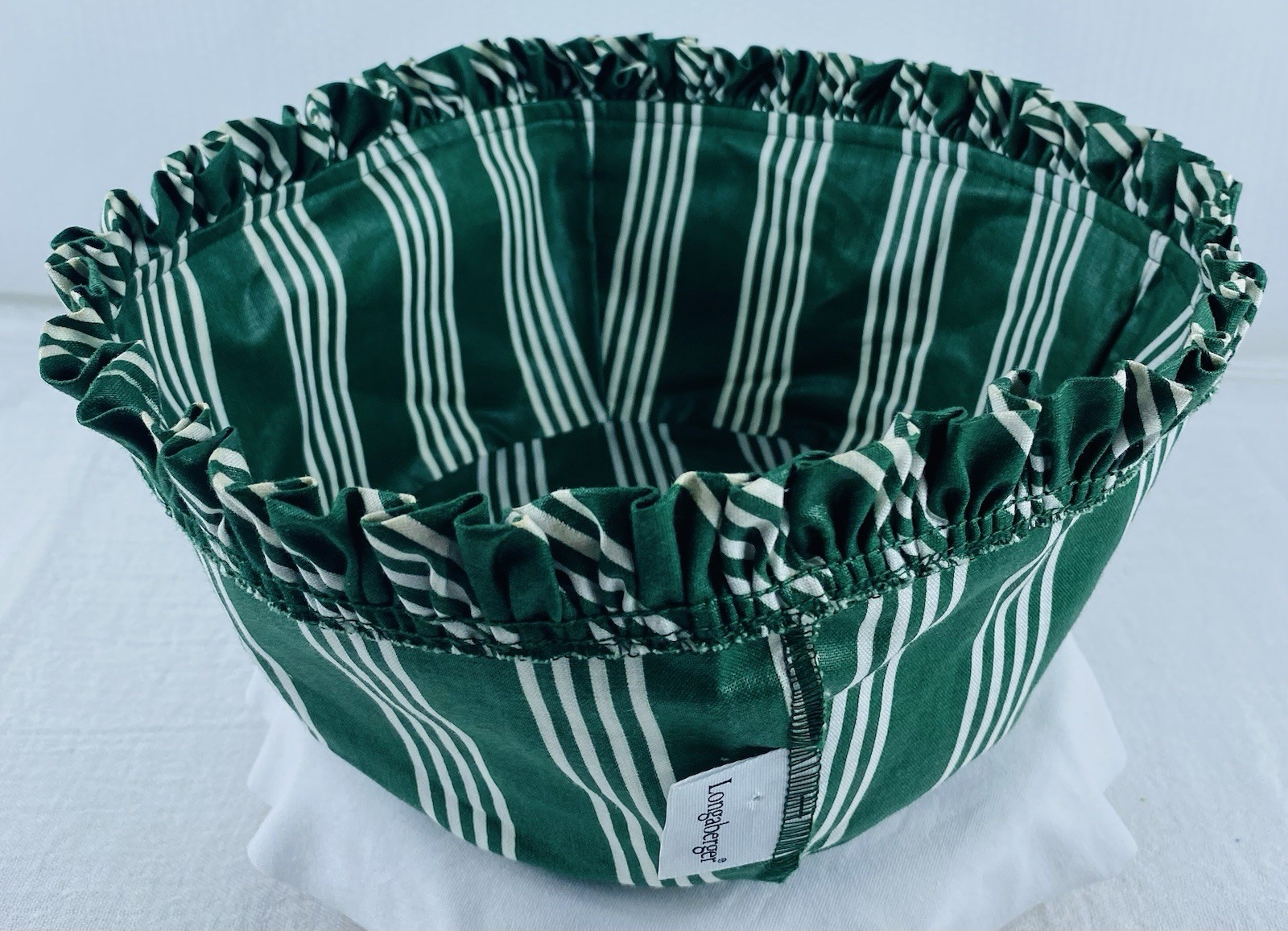 Longaberger Basket Fabric Liner Hunter Green White Stripe Ruffle 5"t x 7" dia