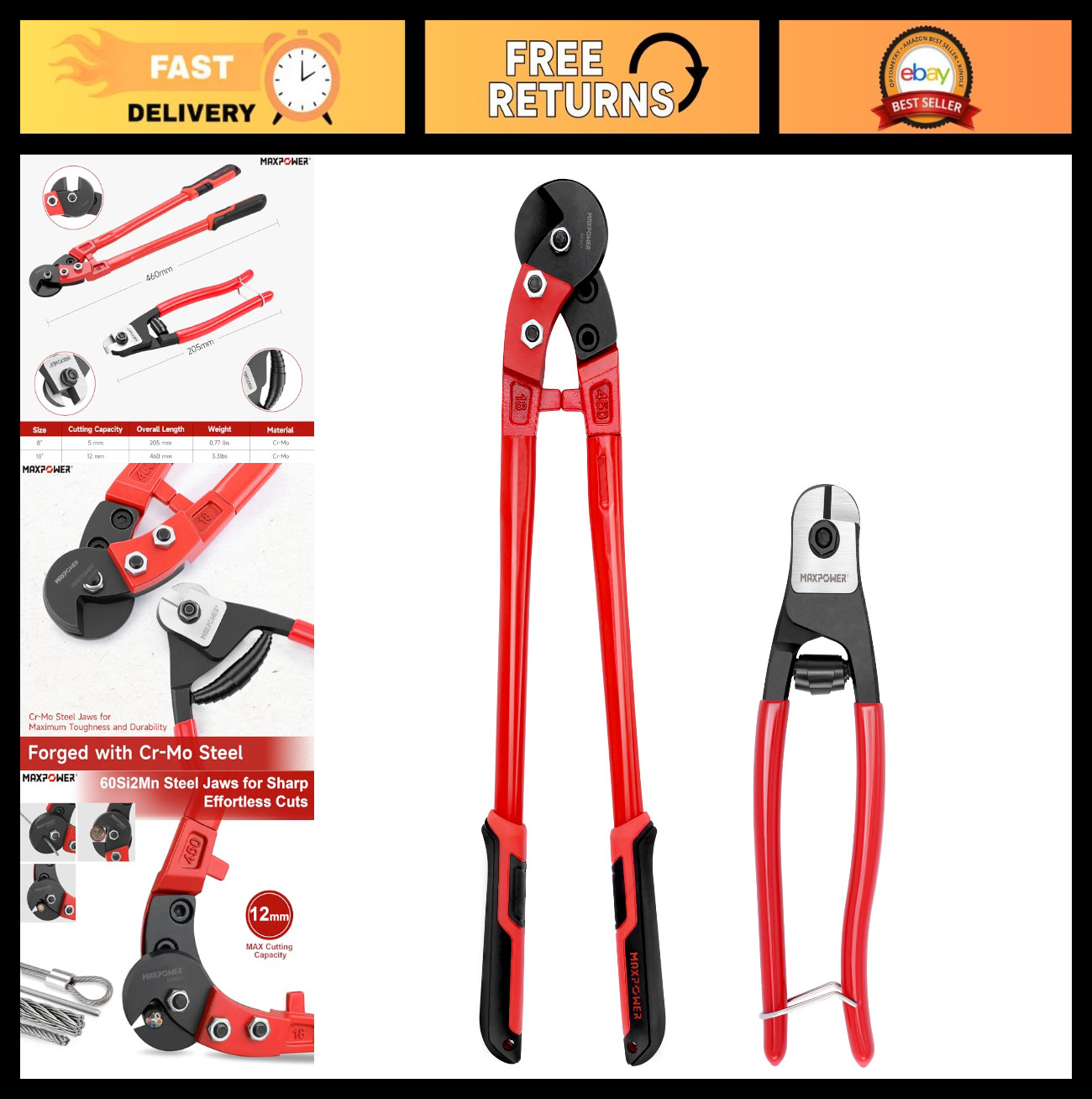 Heavy-Duty Steel Cable Cutters 8" & 18" Wire Rope Cutters for Hard Wire, Bicycle