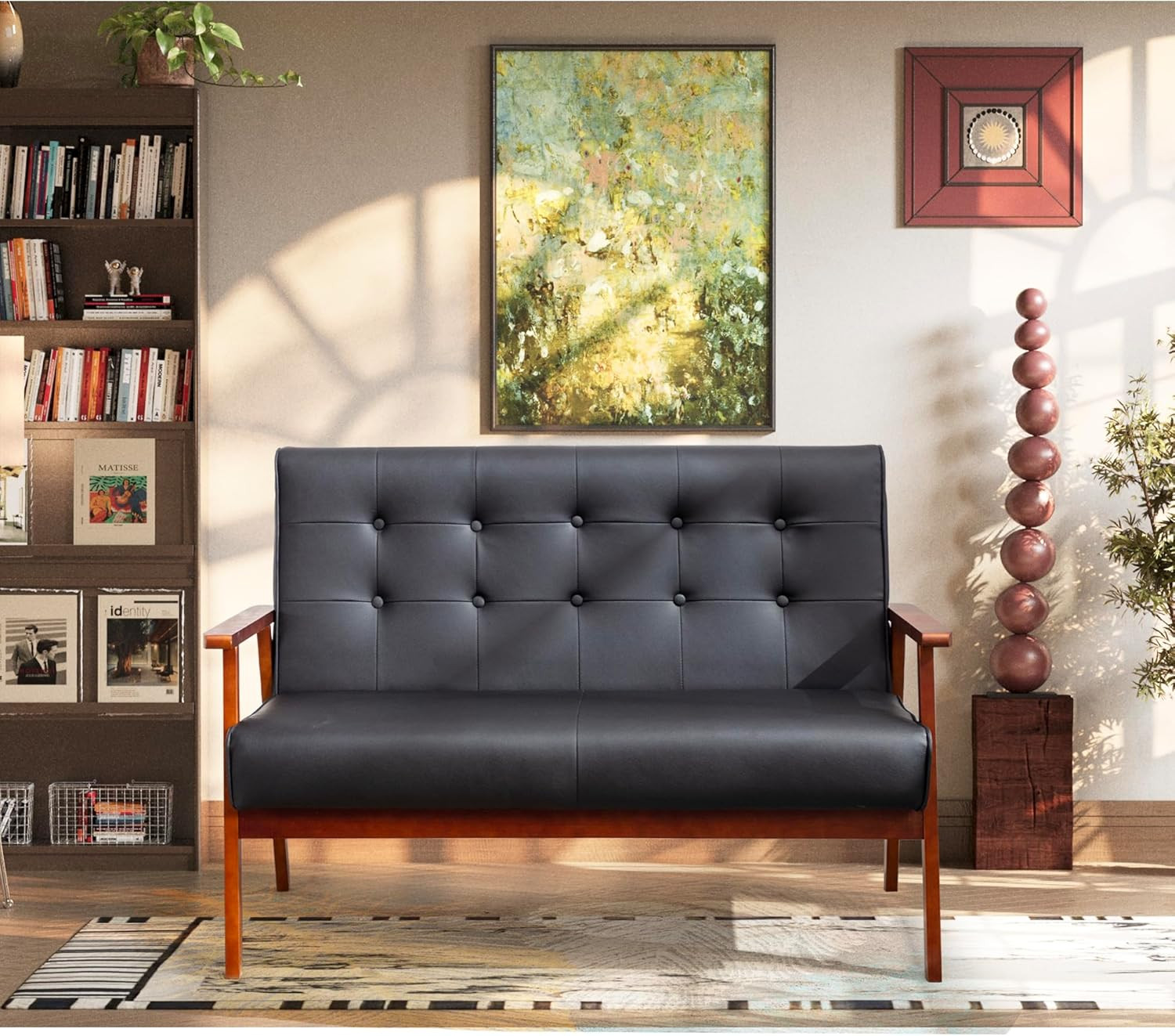 Black Leather Loveseat for Office, Mid Century Modern 2-Person Couch