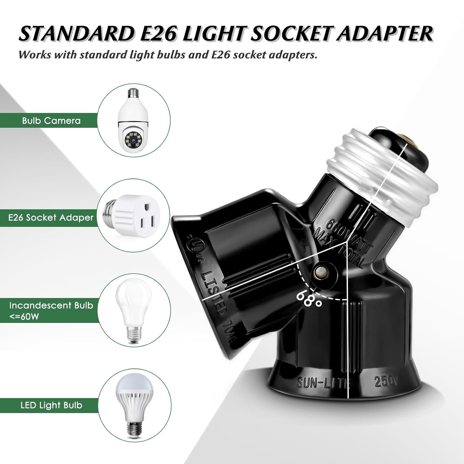 Double Light Socket Adapter, Dual Light Bulb Splitter Twin Bulb Holder Converter