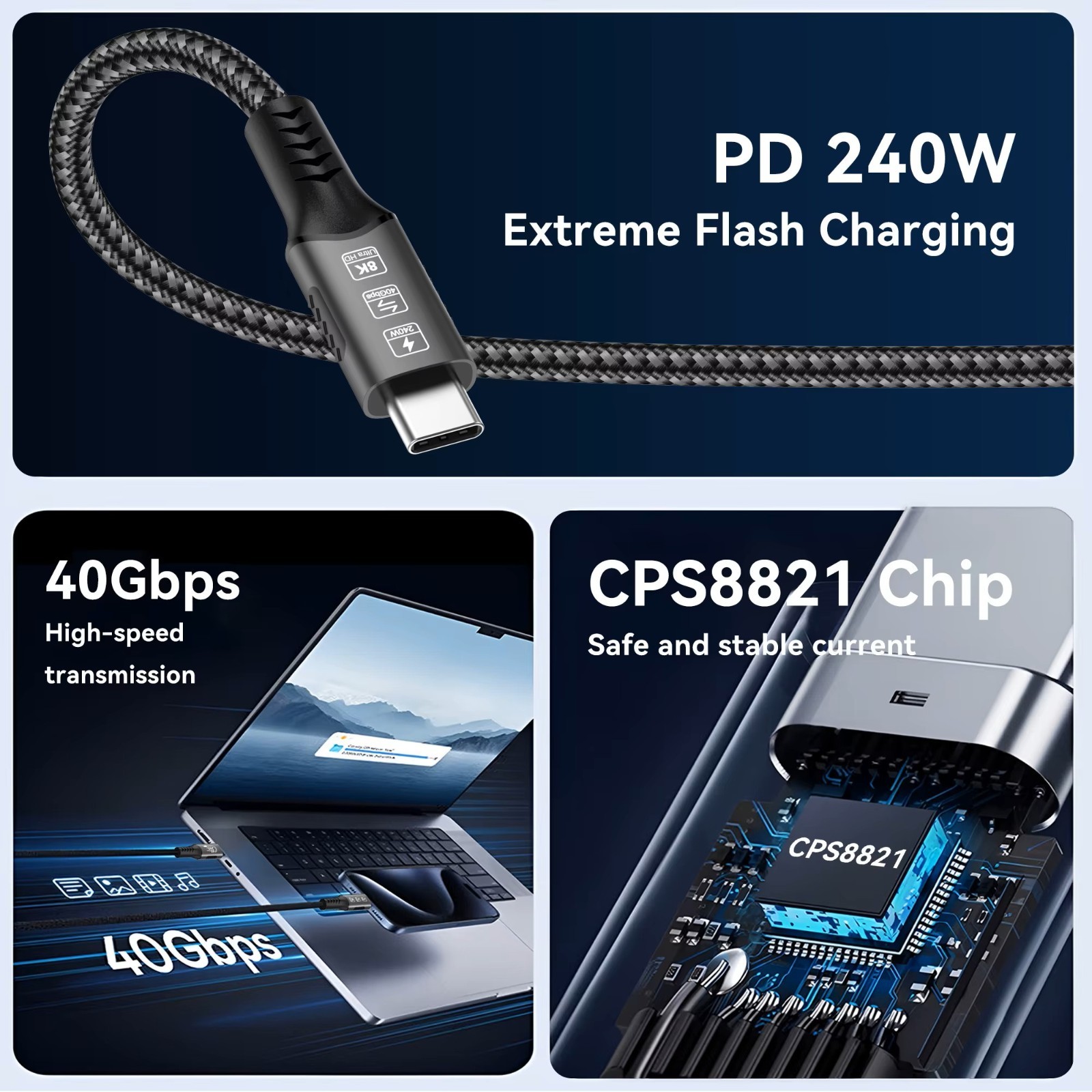 Apple 240W USB-C Charge Thunderbolt Fast Charging Cable Lightning Data Transfer