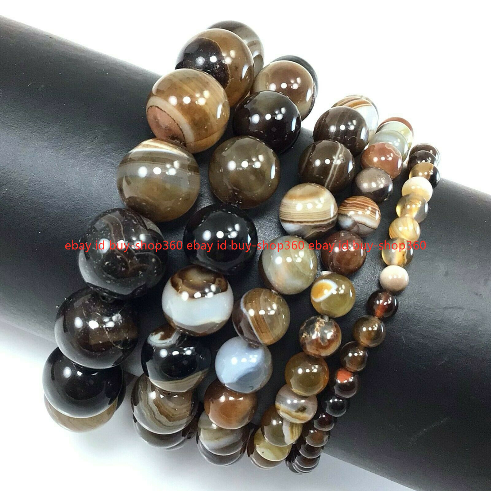 6/8/10/12/14mm Brown Striped Agate Round Gems Beads Elastic Bracelet 7.5''