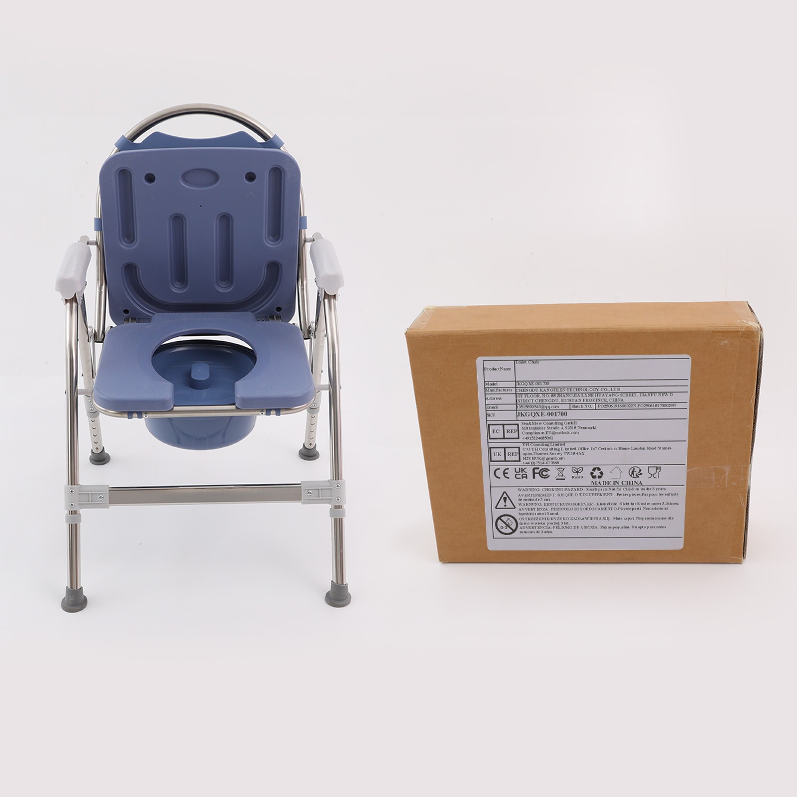 Toilet Chair With Padded Seat Plate And Toilet Bucket, Foldable Toilet ChairBlue