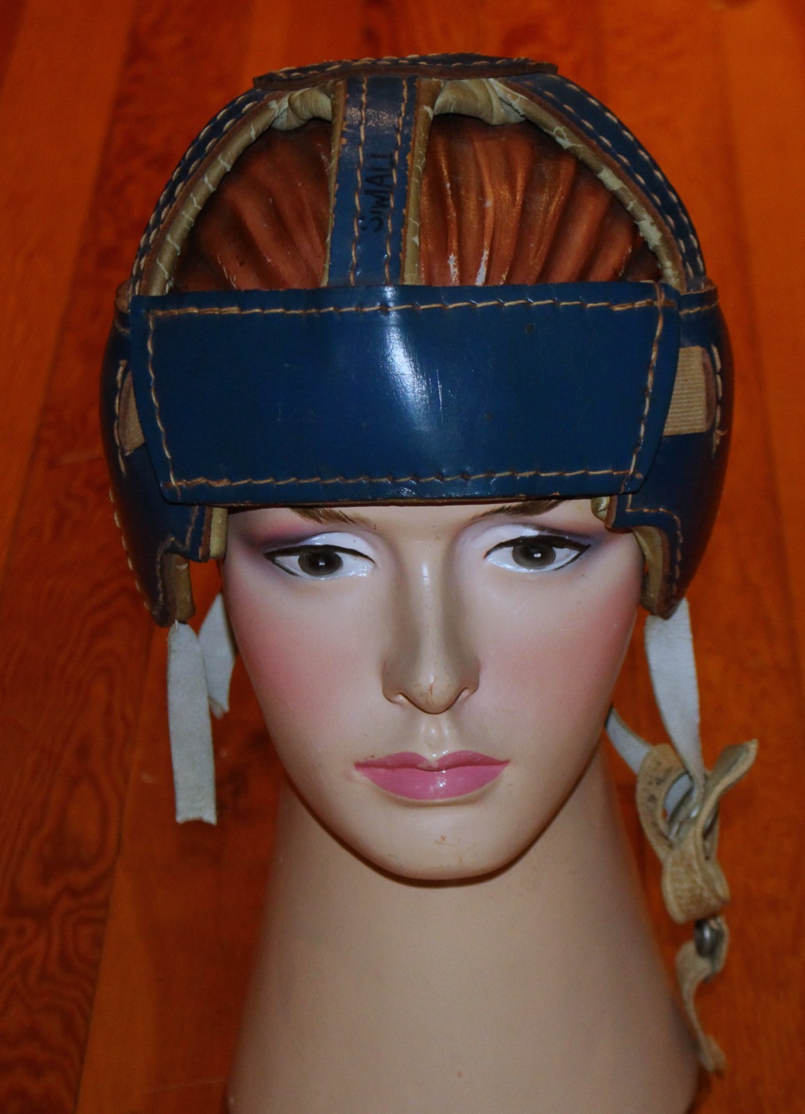 Vintage 1950's 6 Spoke Blue Leather Hockey Helmet Montreal Canadiens Colors!