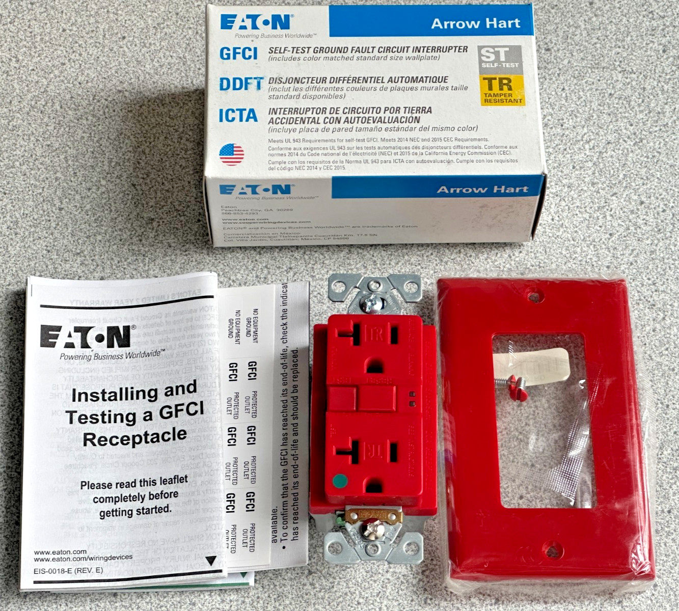 NEW TRSGFH20FRD Eaton hospital grade GFCI Self-Test Receptacle Red 20A 125V