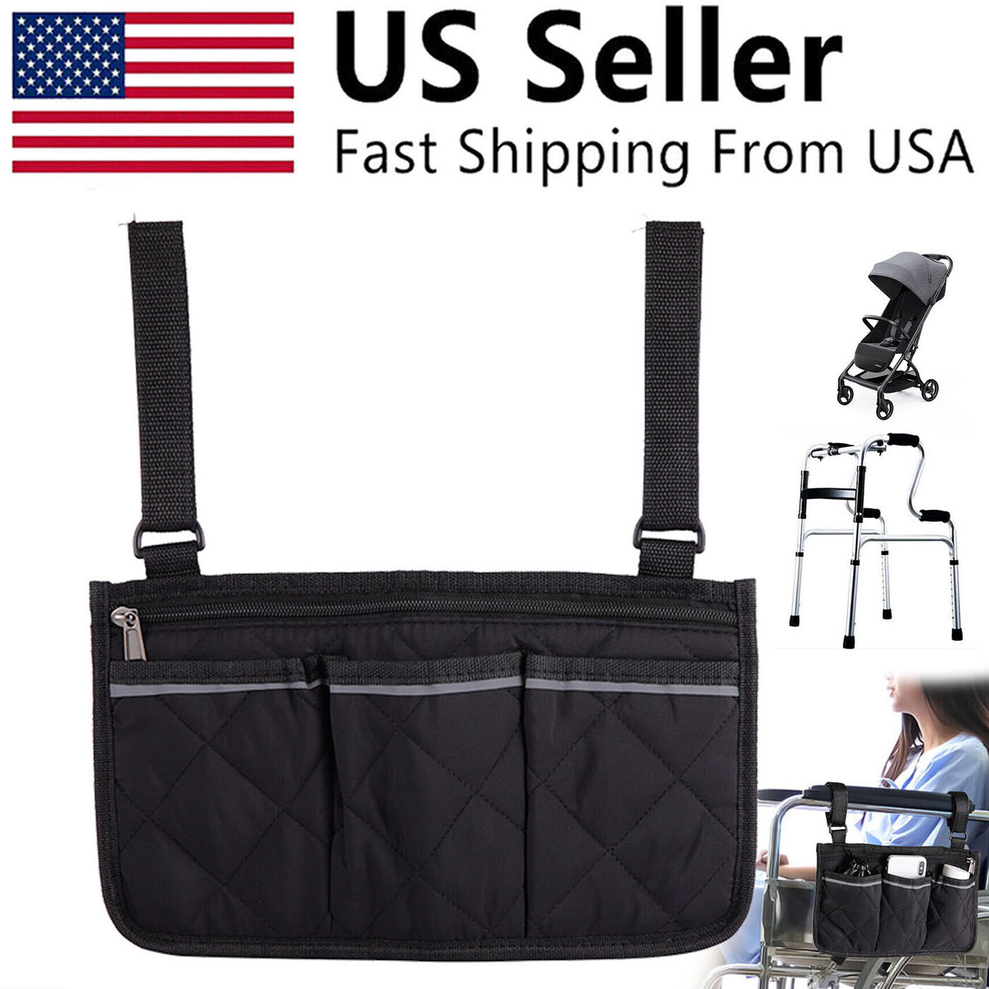New Outdoor Wheelchair Side Pouch Storage Bag Armrest Pocket Organizer Holder US