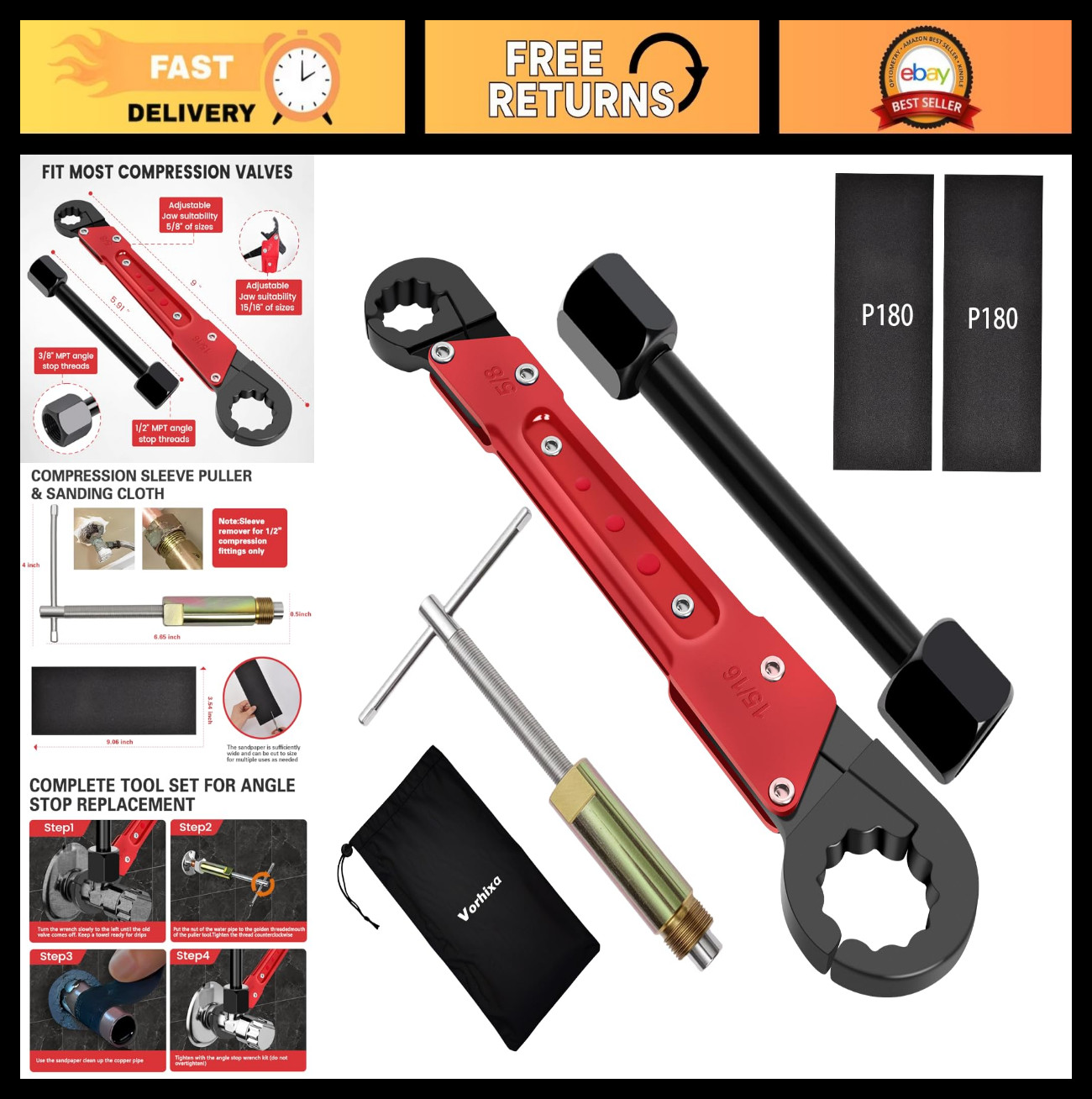 6-Piece Plumbing Tool Set - Angle Stop Wrench, Compression Sleeve Puller, Sandpa