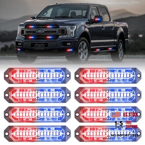 8-Pcs 12 LED Sync Feature Emergency Strobe Grille Lights Ultra #03 Red/Blue
