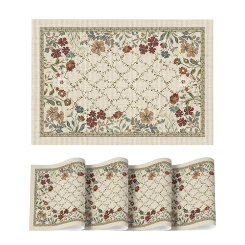 Wildflowers Leaves Spring Vinyl Placemats Set of 4, Washable Woven Non-Slip