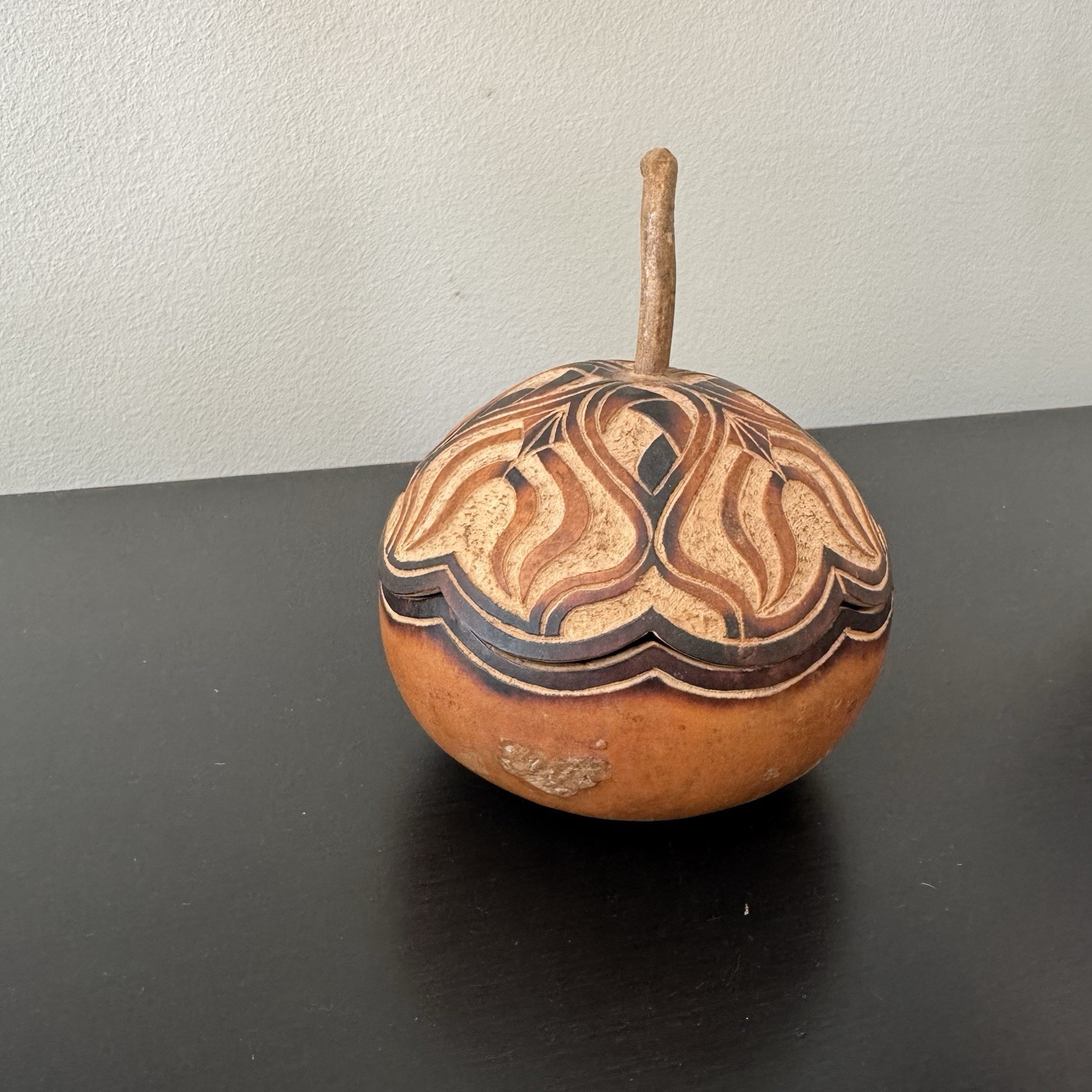 Peruvian? Gourd with Lid Hand Carved and Burned Folk Art Trinket Box