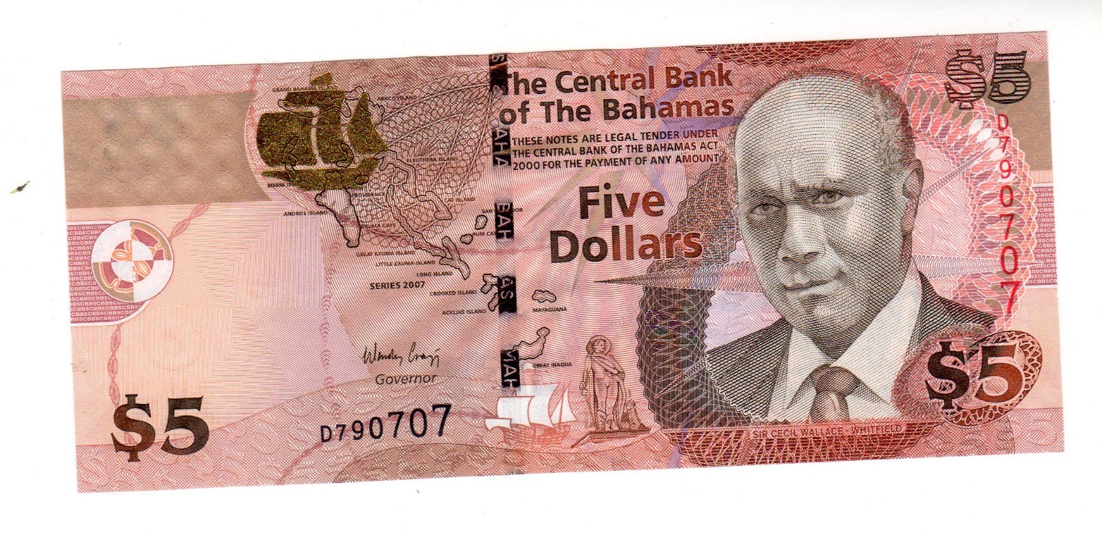 Bahamas 5 Dollar Bill 2007 P72 JUNKAWOO NEW UNC