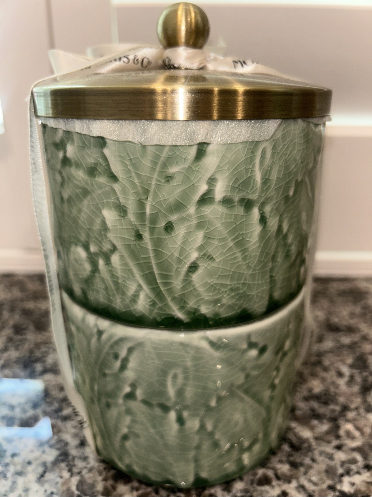Morris and Co White Green Embossed Stacking Jars Bathroom Vanity Accessories
