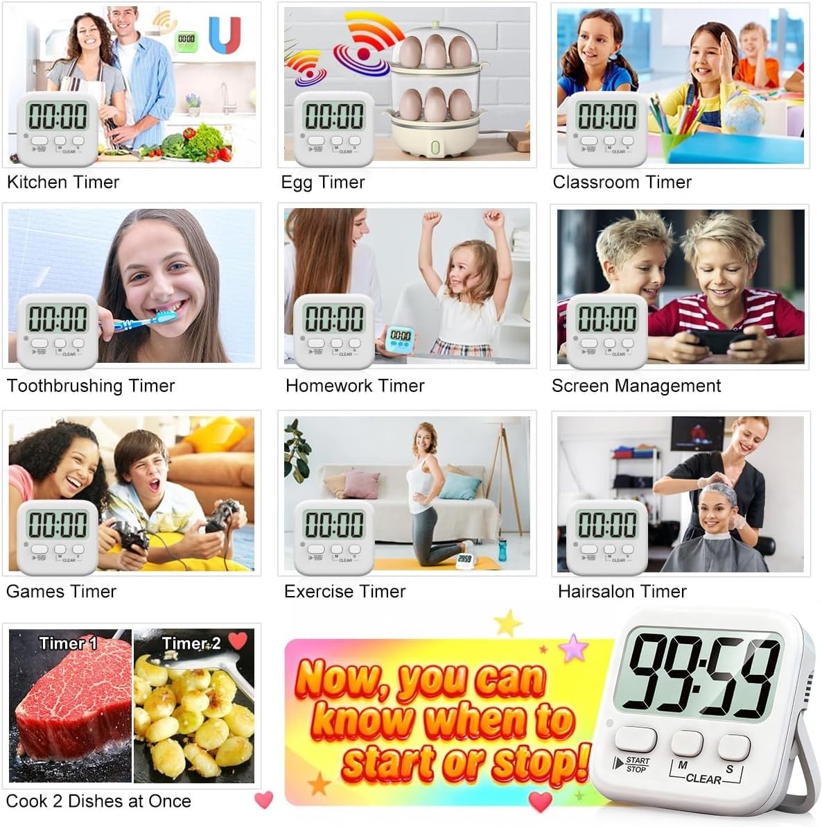 2 Pack Digital Timers for Kids - Magnetic Countdown Timer for Cooking & Study