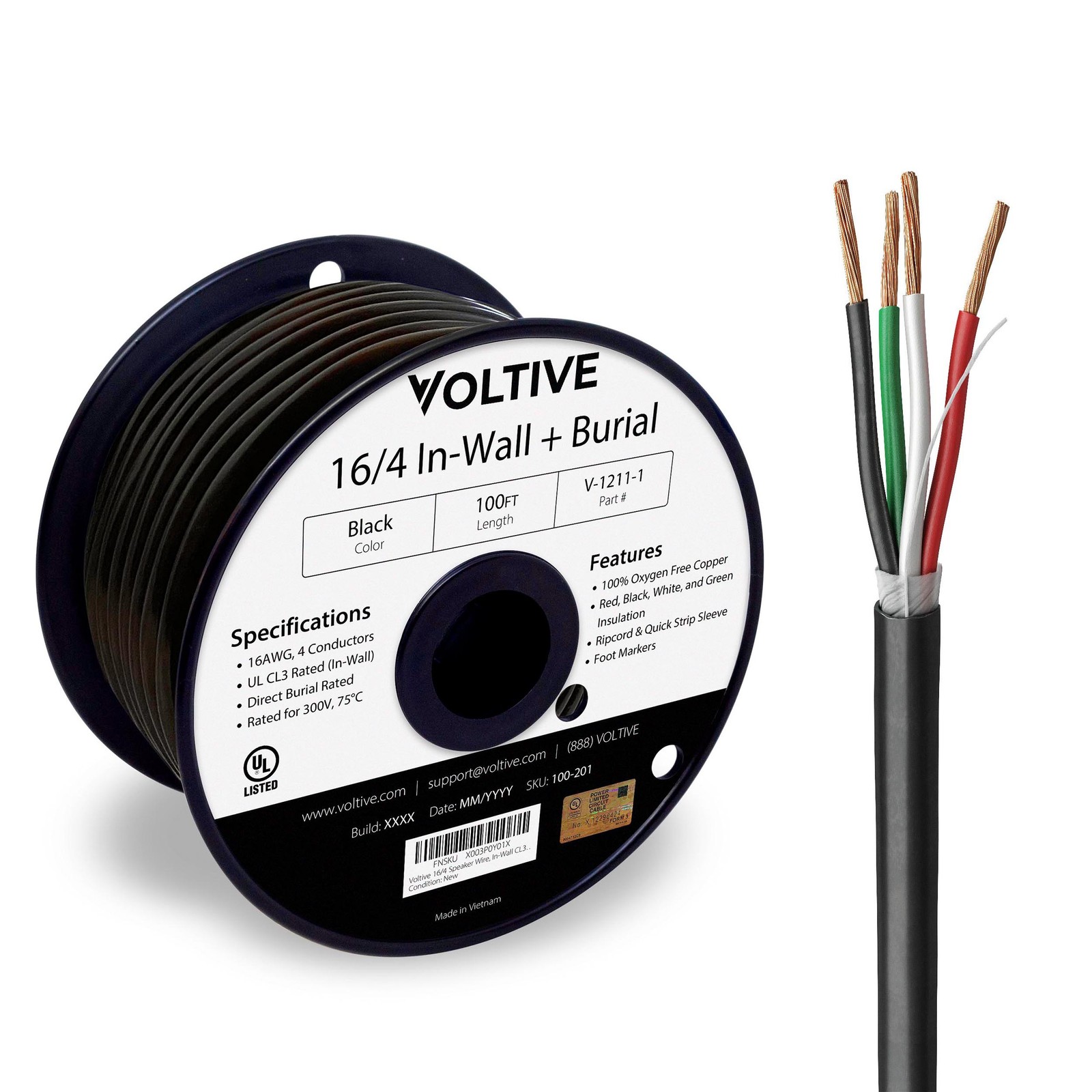 Voltive 16/4 Speaker Wire, In-Wall CL3 & Direct Burial, Black, 100ft