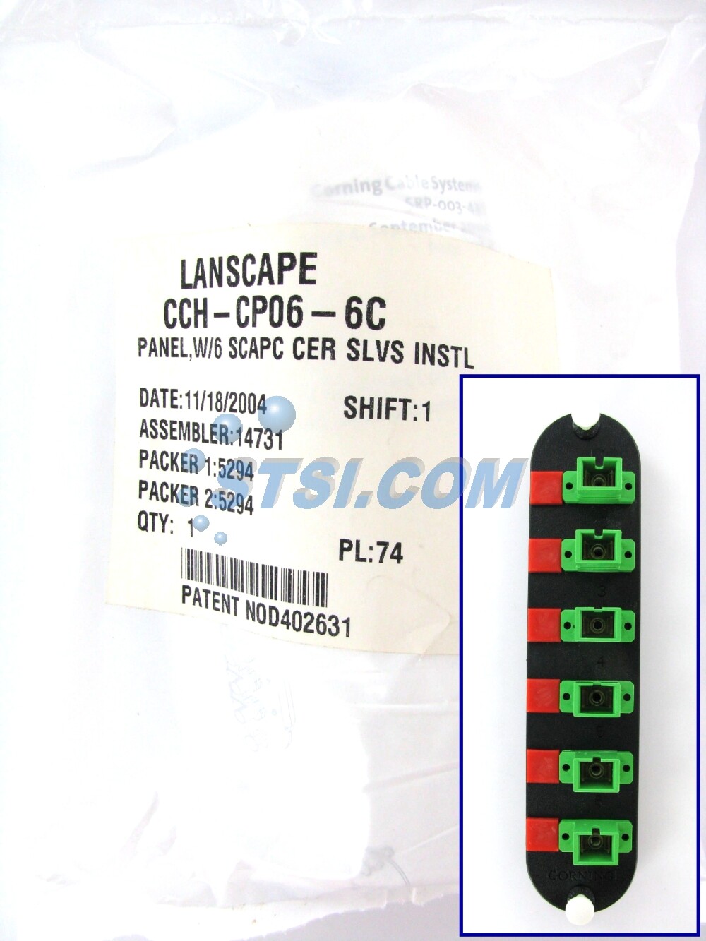 Corning CCH-CP06-6C Panel, 6 SC Simplex OS2 Singlemode Green APC Adapters ~STSI