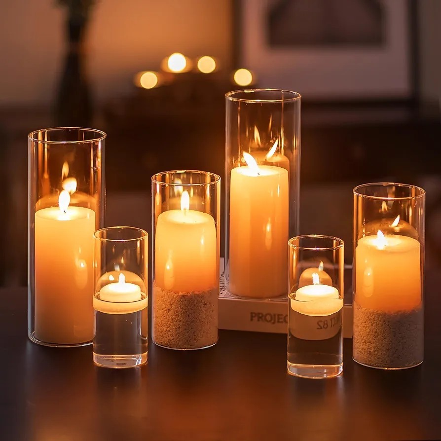 Glasseam Hurricane Glass Cylinder Candle Holder Set of 6 M/L/XL Polished Modern