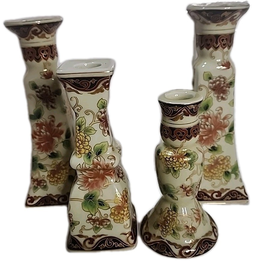 Vintage Asian Candle Holder Set YI LIN Treasures China Floral Elegant Decor (RV)