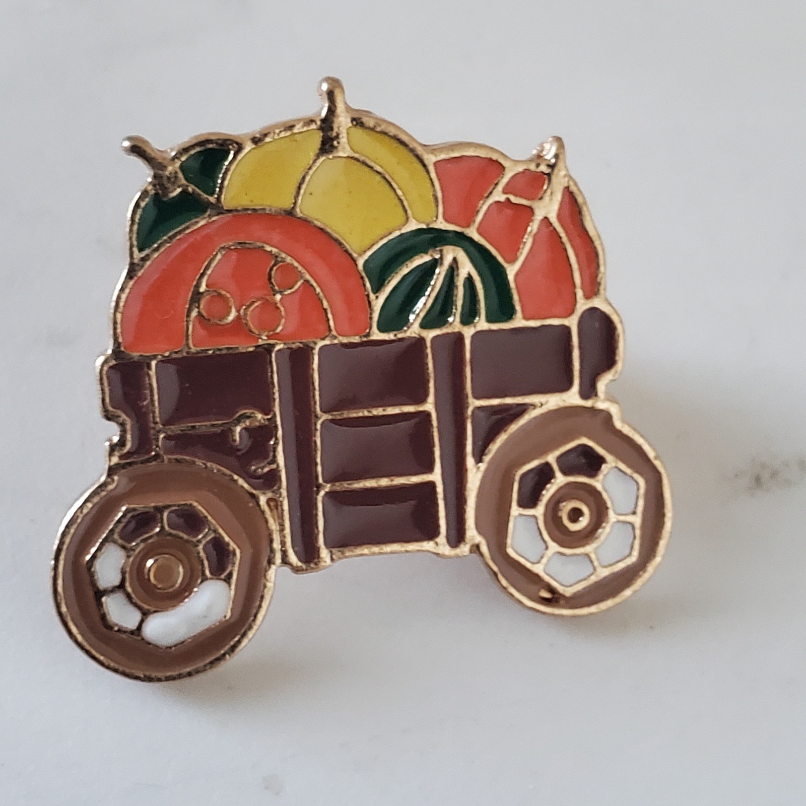 Harvest Pumpkin Wagon Enamel Pin Gold Tone Fall Autumn Thanksgiving Lapel Pin