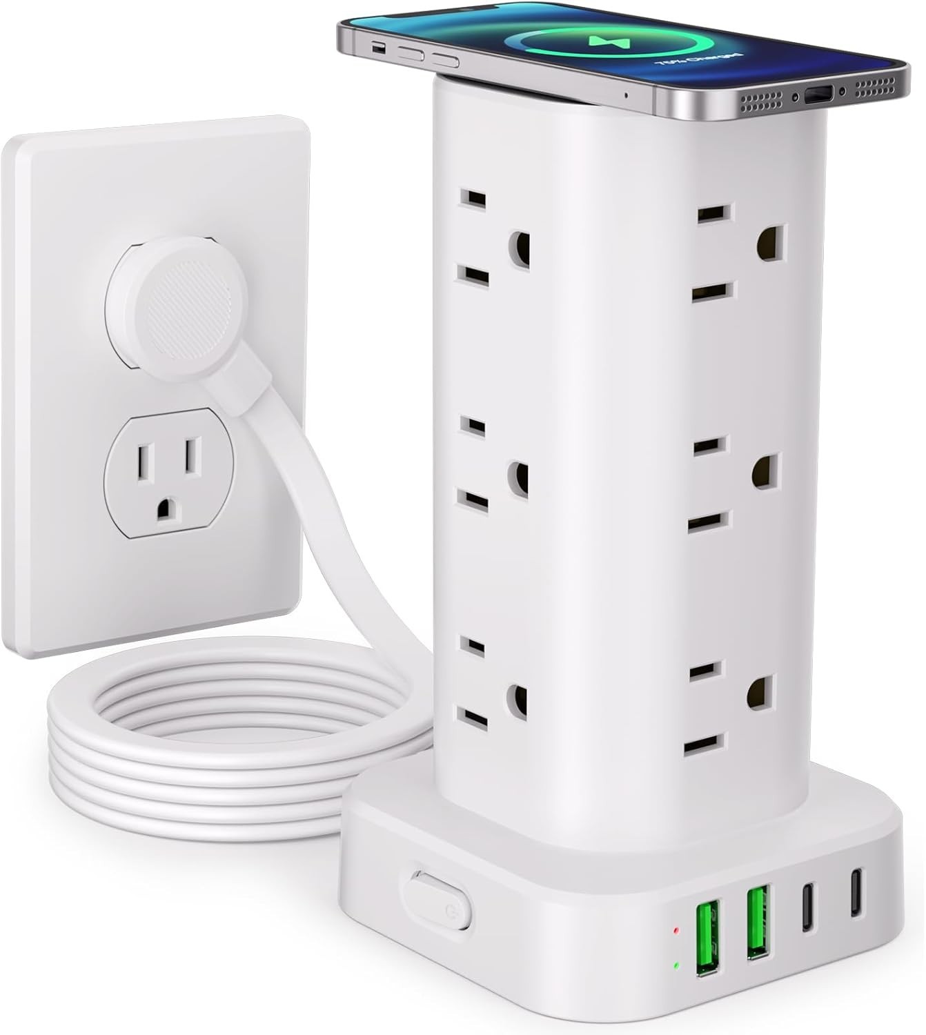 Regleta torre con cargador inalámbrico 15W, 12 tomas, 4 USB-C, cable 1,8 m