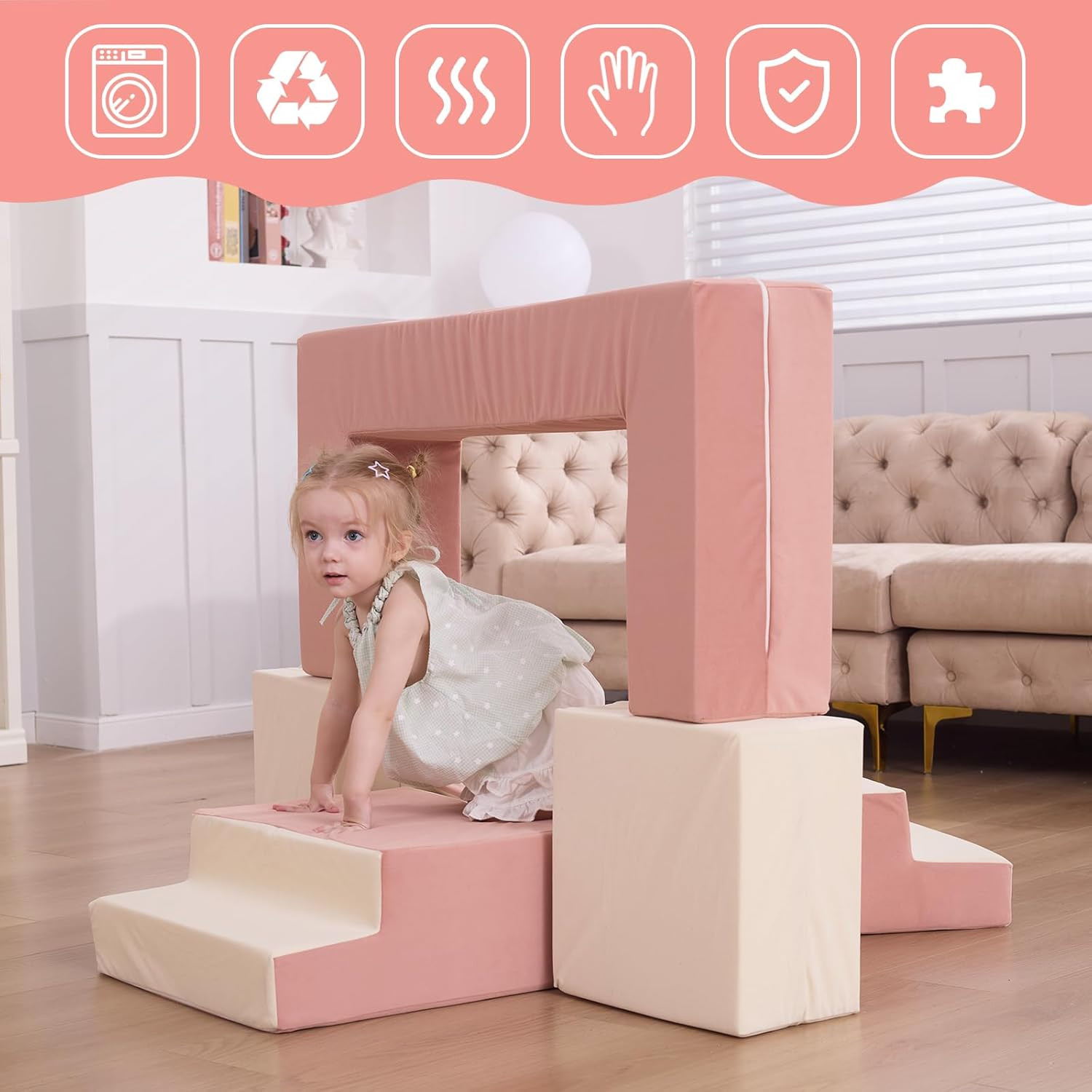 Modular Kids Couch with Ottomans, Foam Blocks & Slide for Playroom Fun