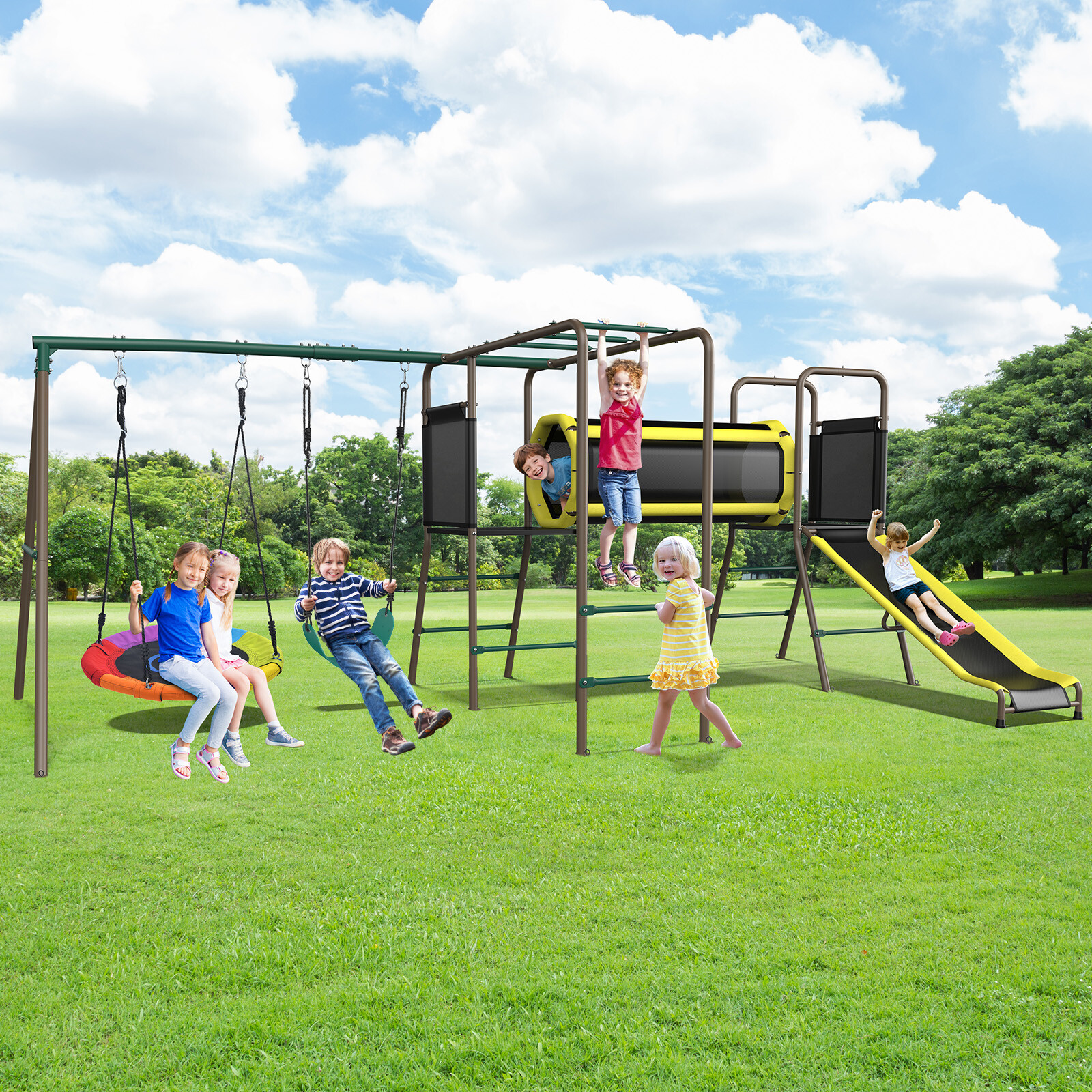 Heavy Duty Metal Playground Set Large Swing Sets for Kids Backyard Play w/ Slide
