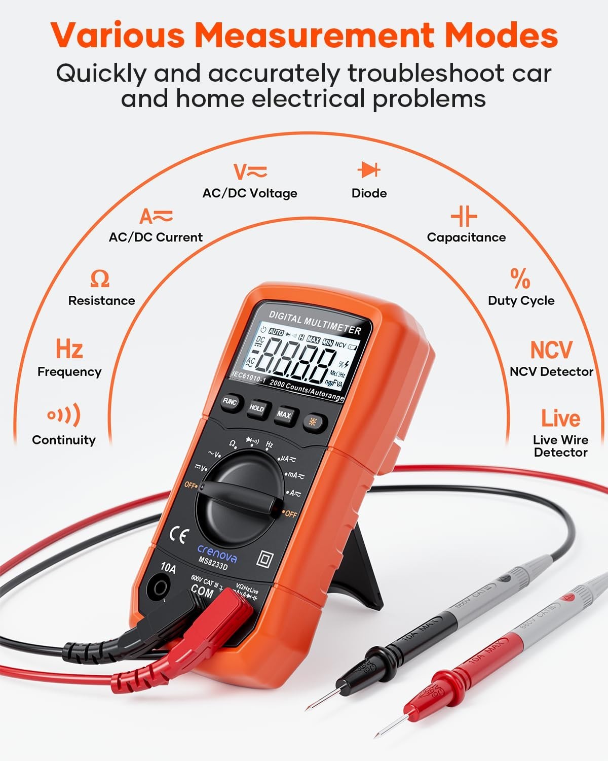 6000 Counts Digital Multimeter AC DC Volt Meter Ohm Amp Tester - Voltage, Curren