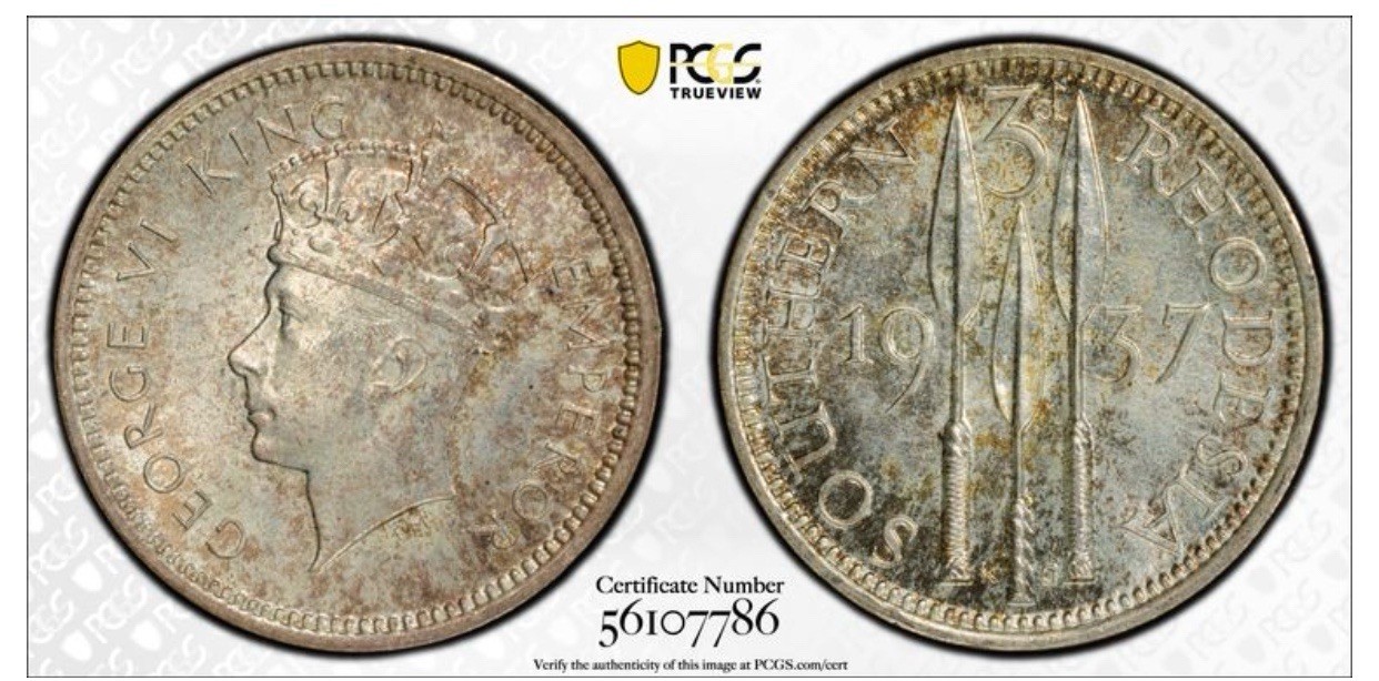 💥💥1937 British Africa Southern Rhodesia  3 Pence PCGS MS64 ⭐⭐ ⭐⭐