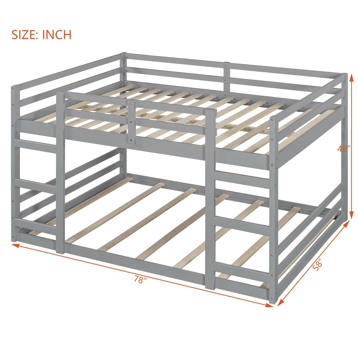 Modern Safe Full Over Full Bunk Bed Wood Bunk Bed Frame with Ladder Gray