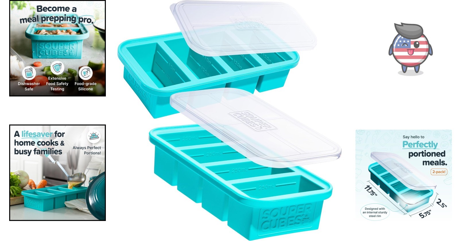 2-Pack Aqua Silicone Freezer Molds with Lids - Easy Meal Prep Solution
