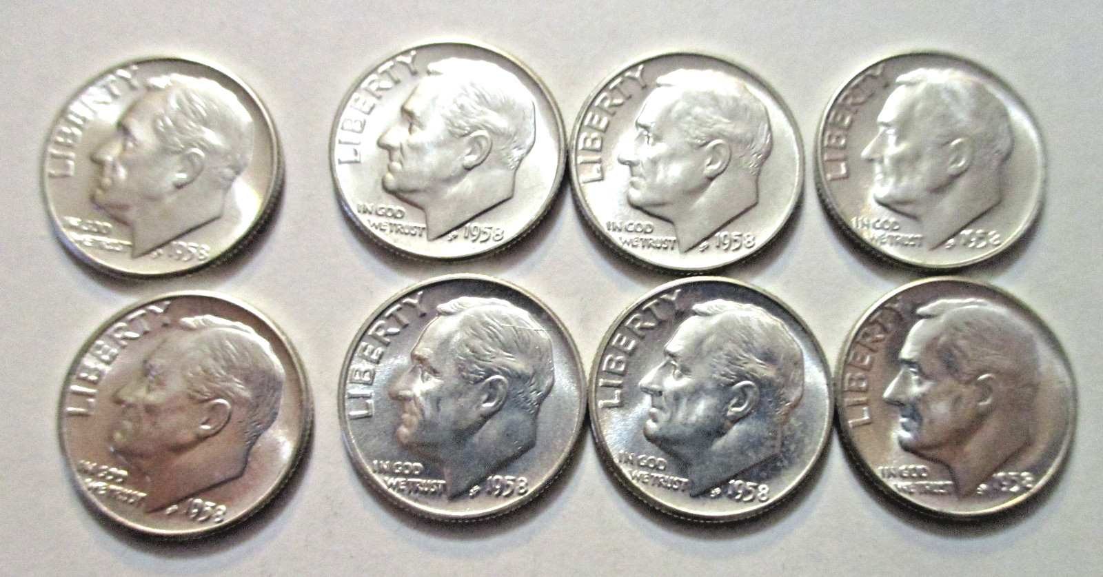 8 Franklin Roosevelt Dimes, 1958 Philadelphia Mint Brilliant AU Condition