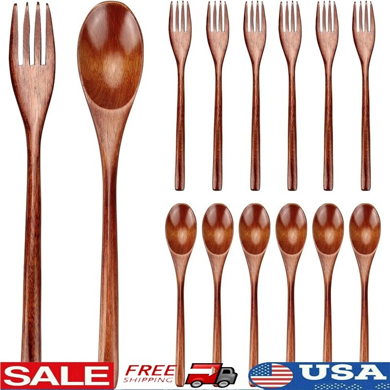 12 Pieces Wooden Cutlery Set Non Stick Forks Spoons Reusable Handmade Utensils