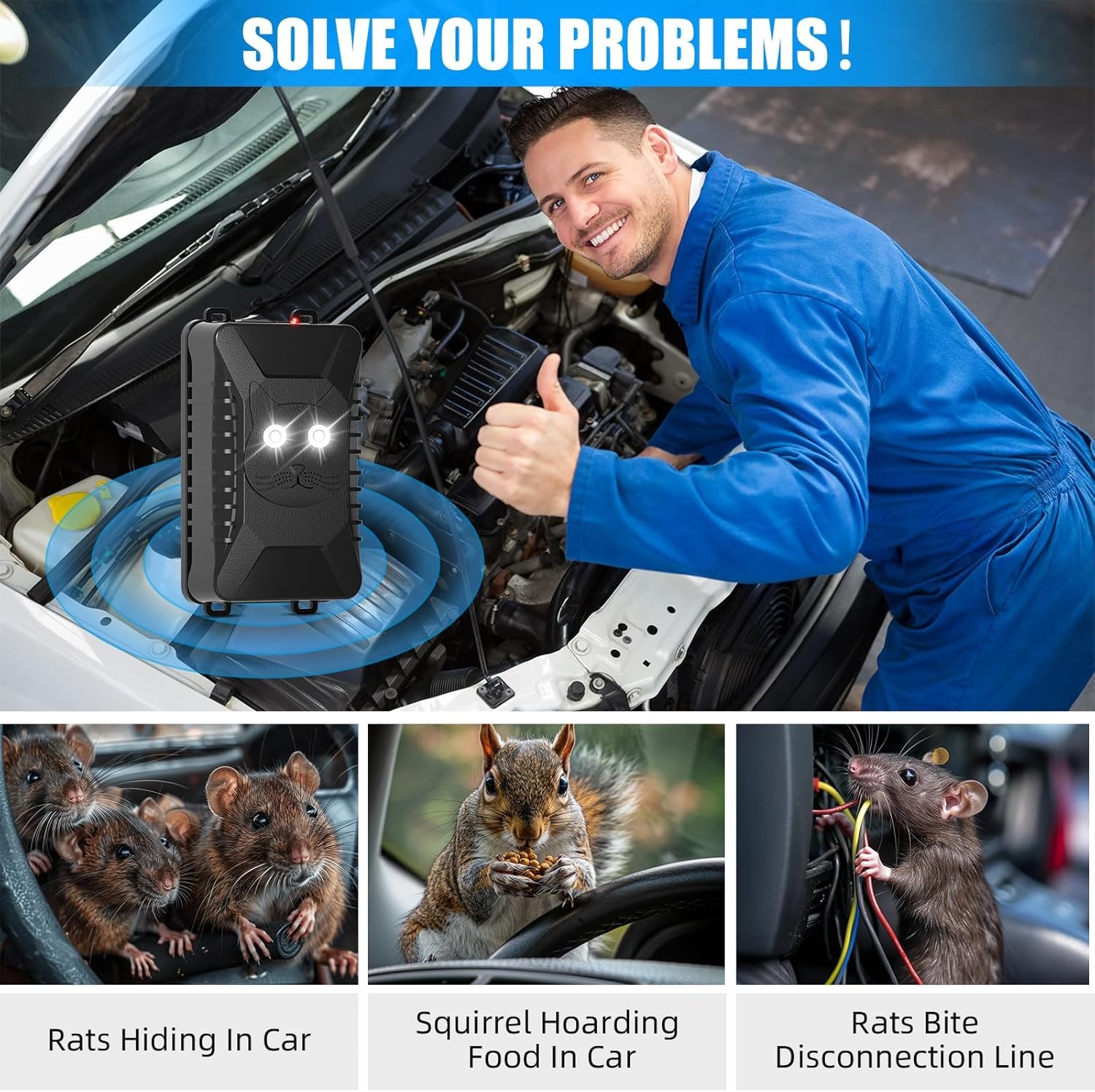 4PK Ultrasonic Mouse Repellent - Car/Indoor, Strobe Light, Battery Power
