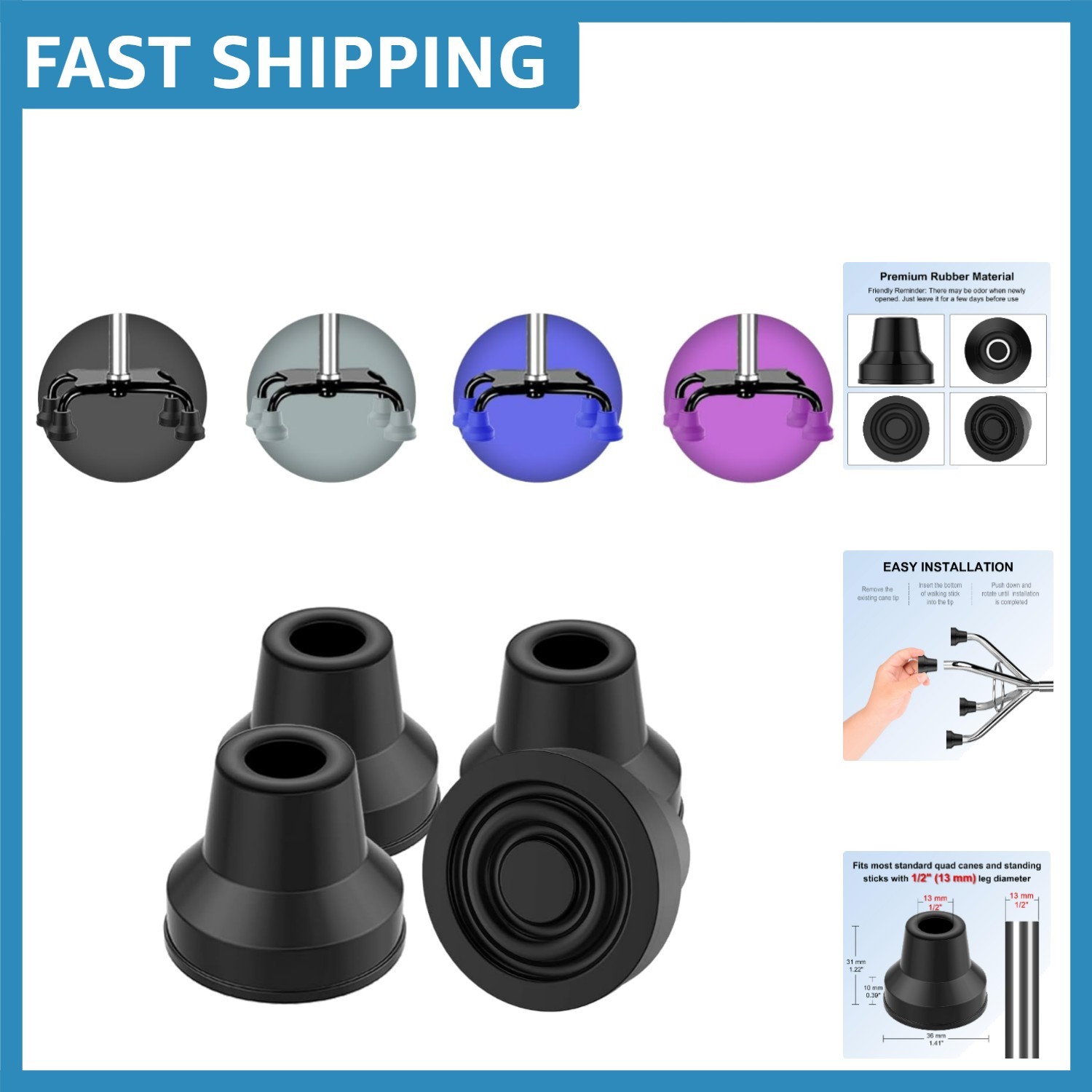 Cane Tips for Improved Walking - Heavy Duty, Non-Slip, 4 Pack for All Users