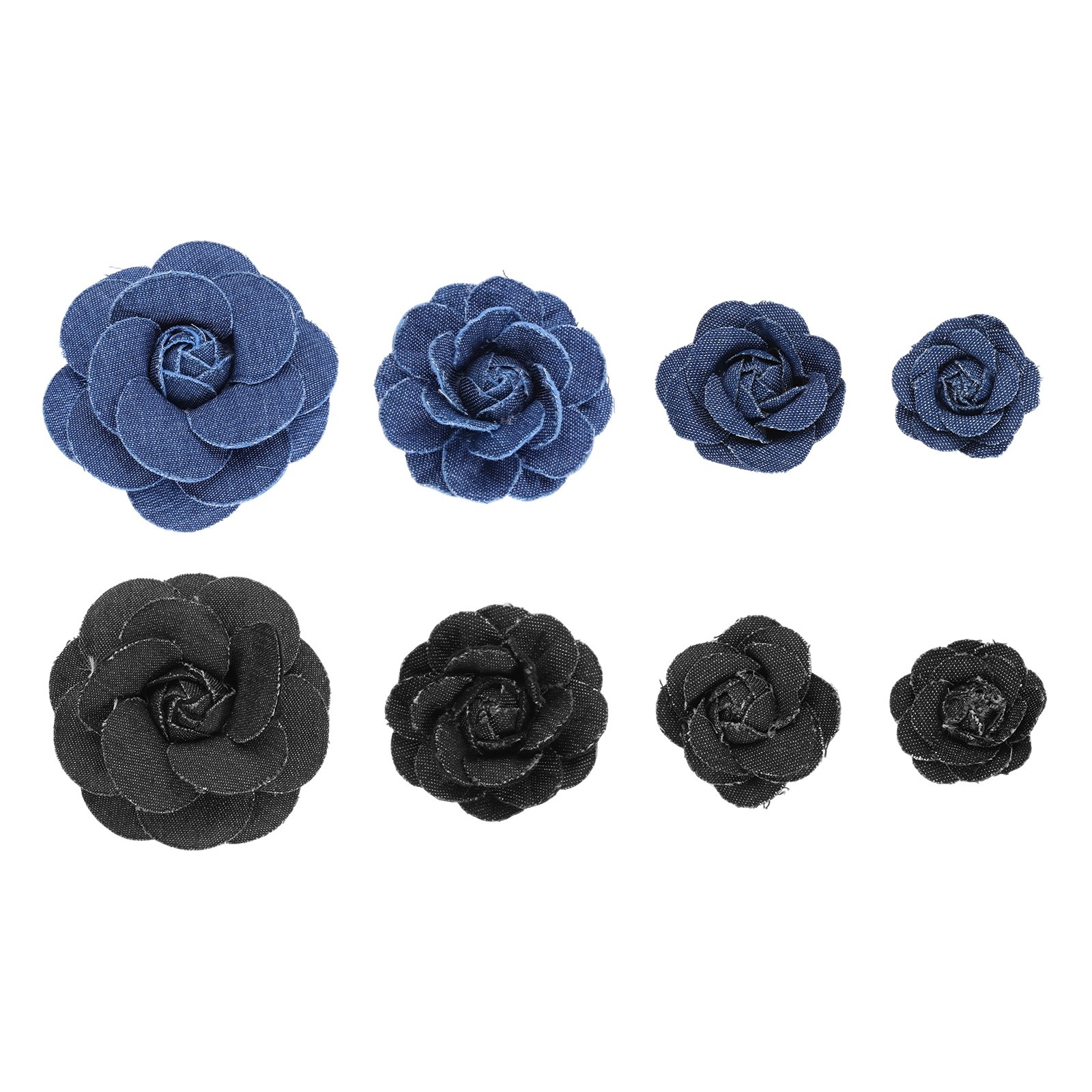 8PCS 4 Sizes Fabric Flower,  Denim Cloth Flowers, Blue/Black