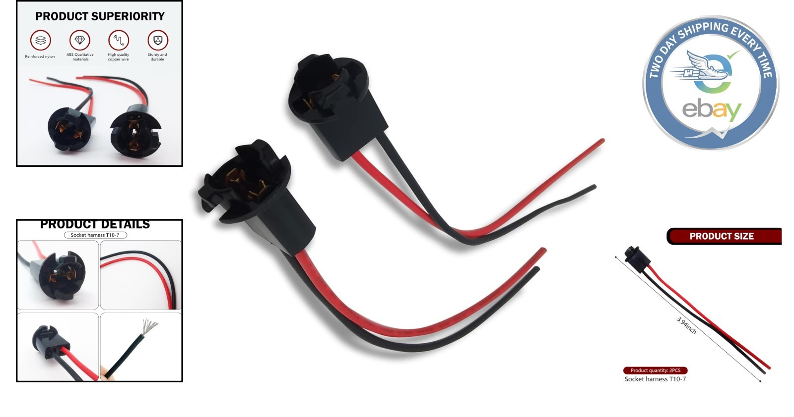 T10 Bulb Socket with Pure Copper Connection - 2 Pack Pigtail Adapter