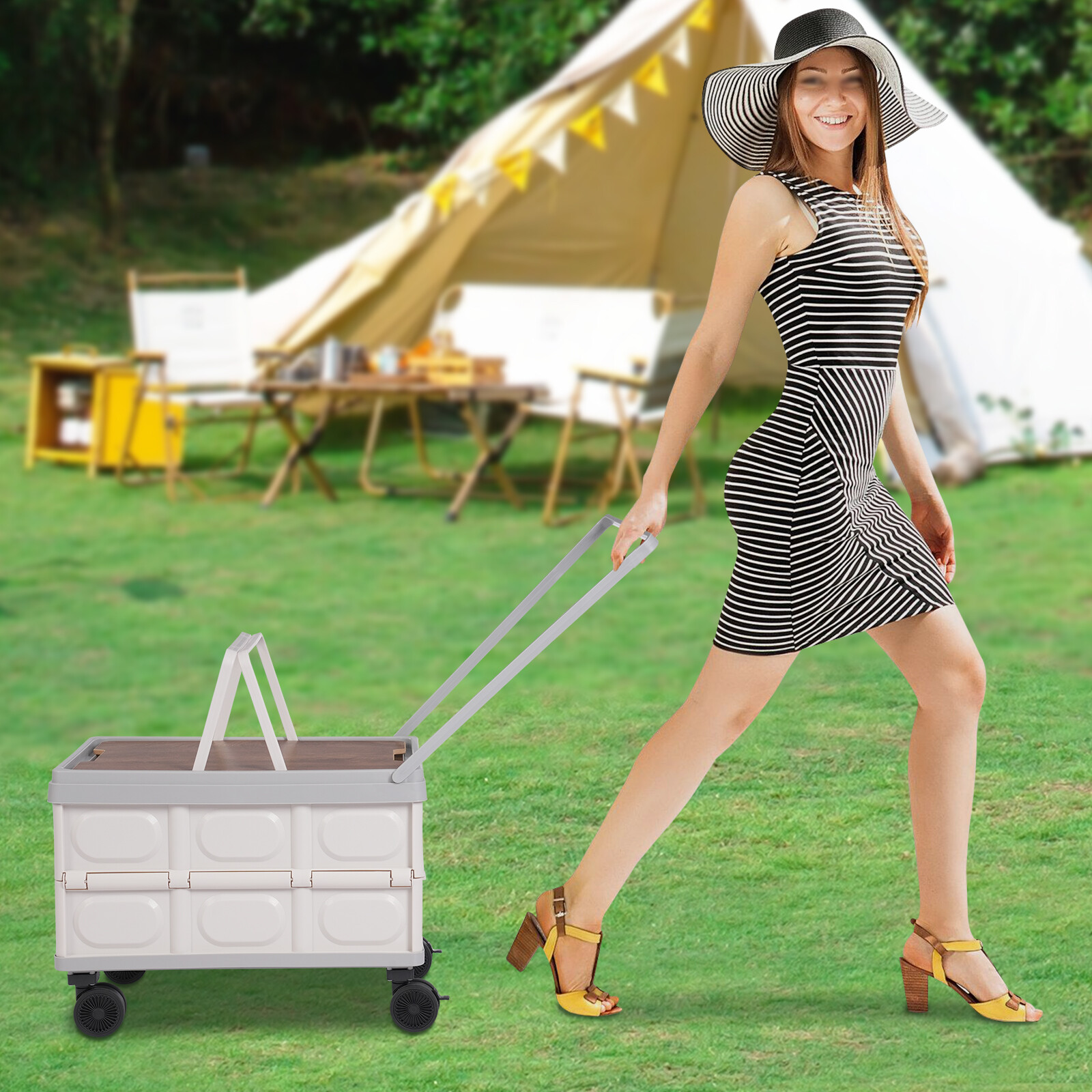 55L Large Capacity Rolling Cart Foldable Organizer Box for Outdoor Store Gray