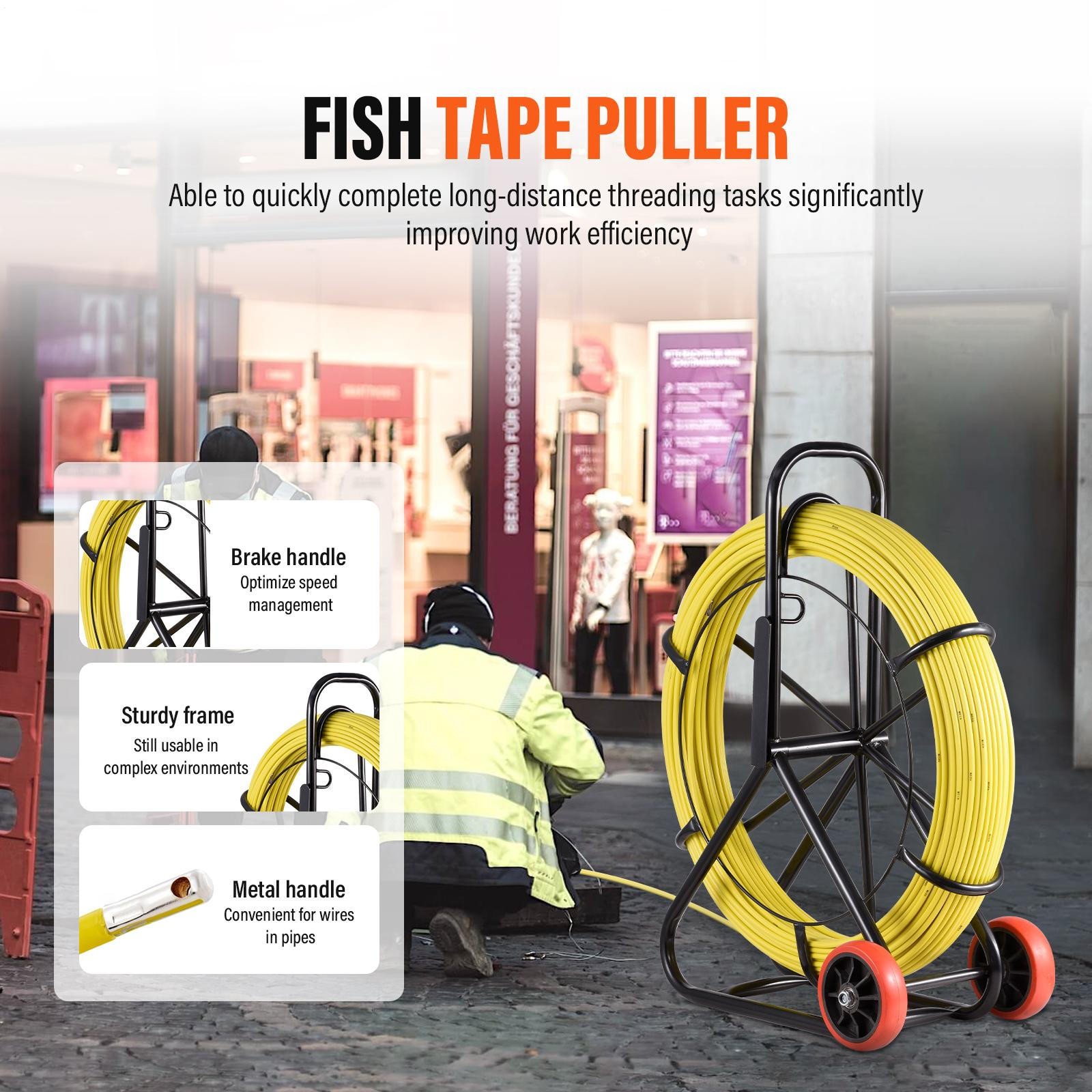 Fish Tape Fiberglass Reel Wire Cable Running Rod Duct Rodder Fishtape Puller 8mm