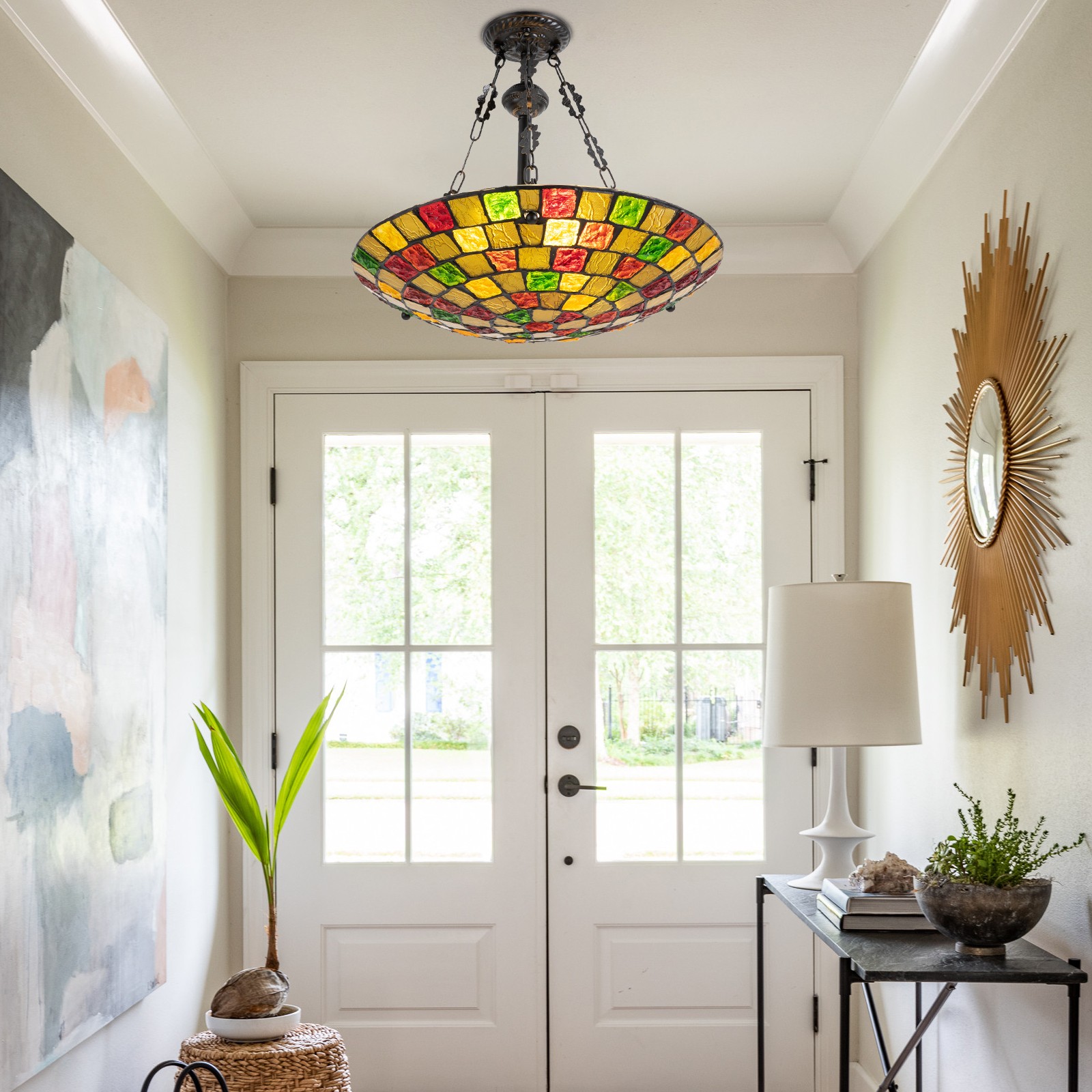 20 In Ceiling Lamp Pendant Wide Stained Antique Style Inverted Fit Dining Room.