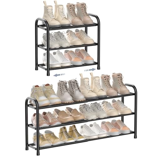 Expandable Shoe Rack Adjustable Shoe Organizer Shelf for Closet, Black 3 Tier