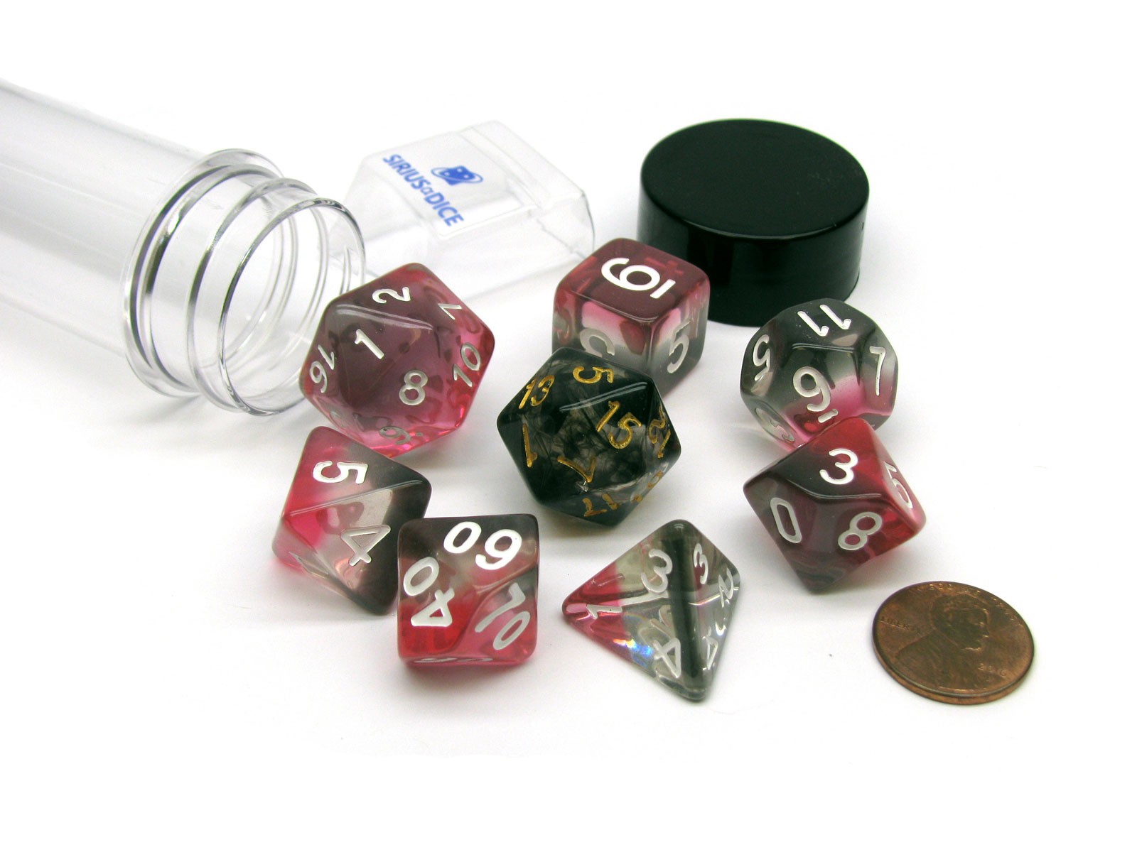 Tube of 7 Polyhedral RPG Sirius Dice with Bonus D20 - Pink, Clear, Black Resin