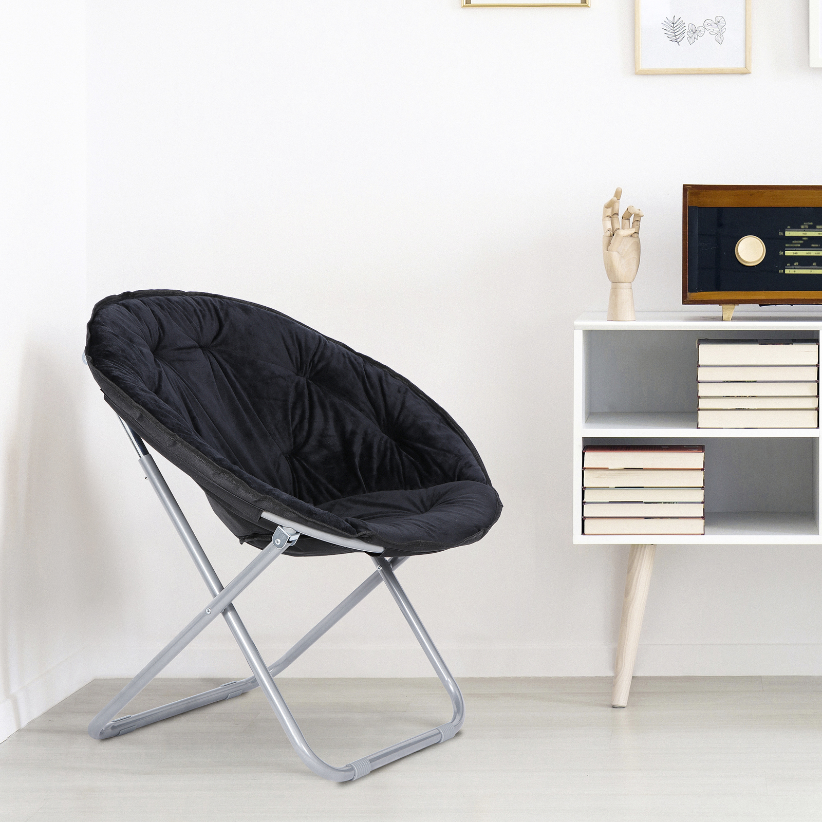 Saucer Chair for Adults Faux Fur Circle Chair Foldable Comfy Accent Seat Black
