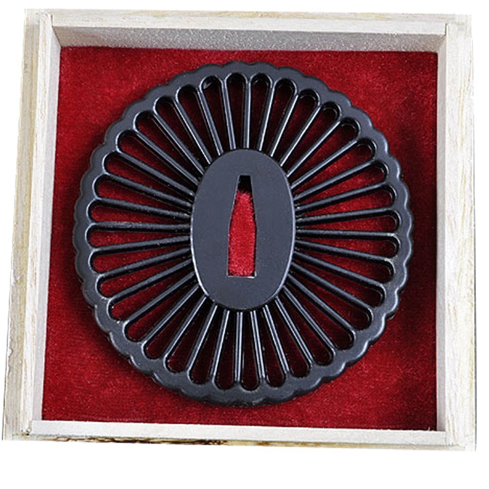 Iron Alloy for Katana or Wakizashi, Tsuba, Empire Wheel Design, with Wooden Box