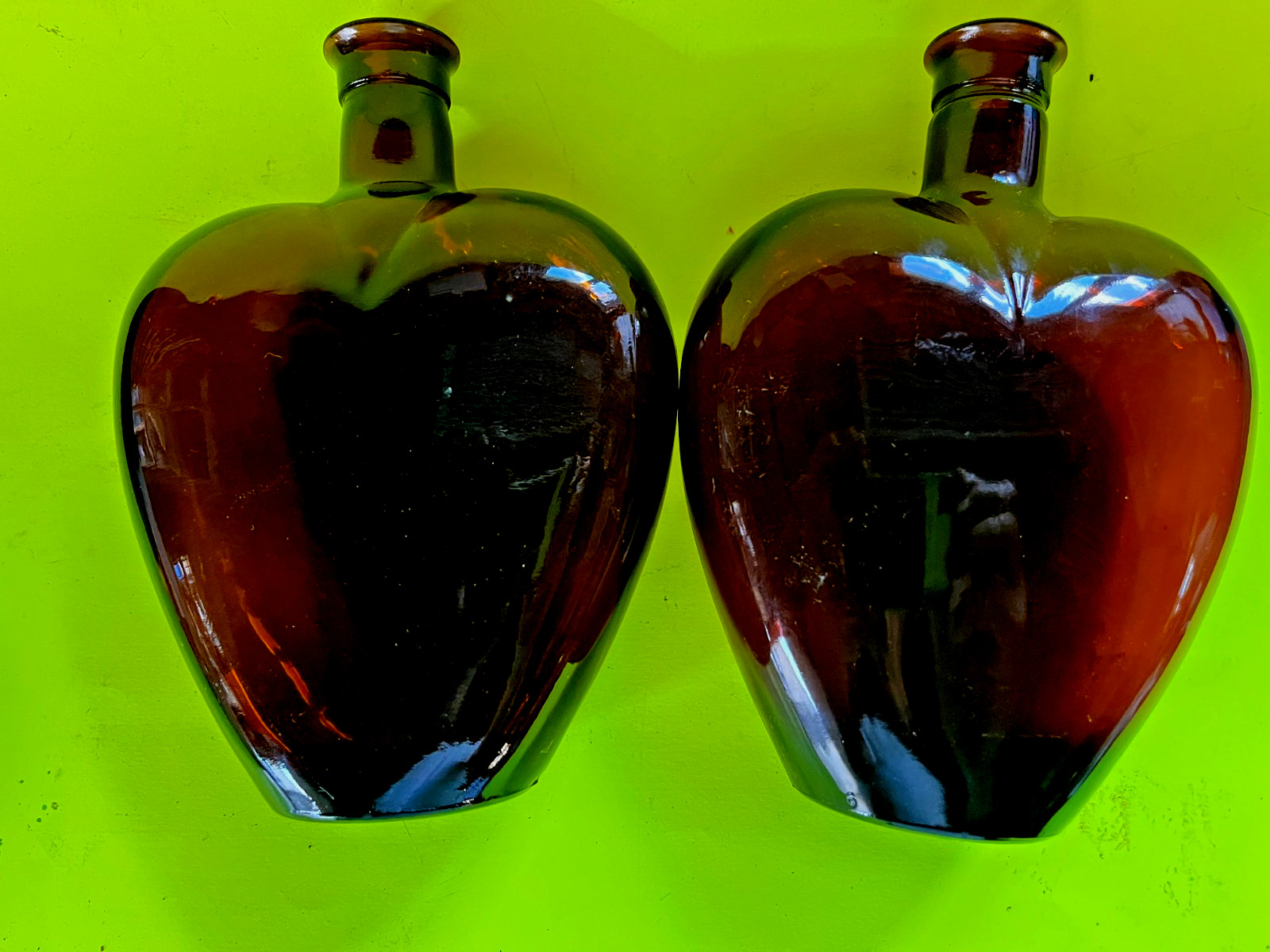 old  2  Paul Masson 8" Amber Brown Glass Heart Shaped Bottle Decanter