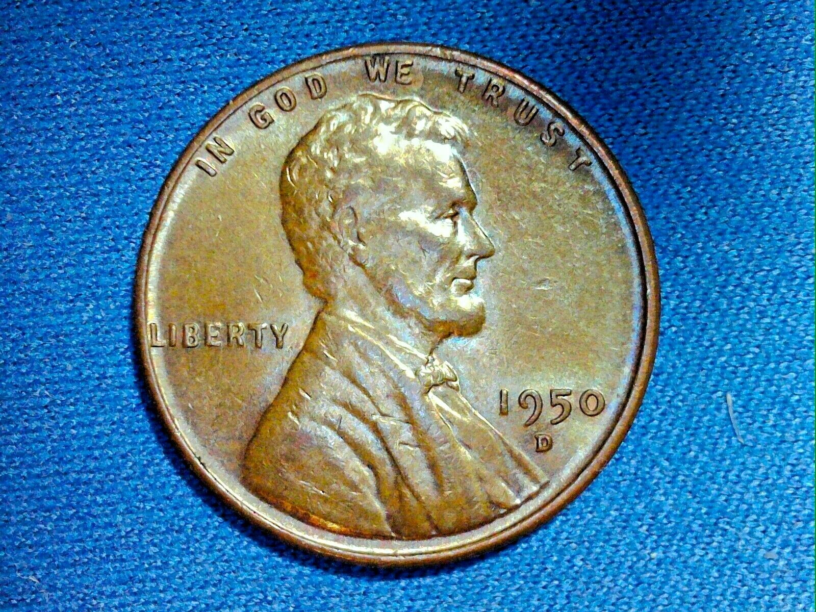 1950-D Lincoln Cent, Rainbow, Full Wheat Lines, Free Shipping to US