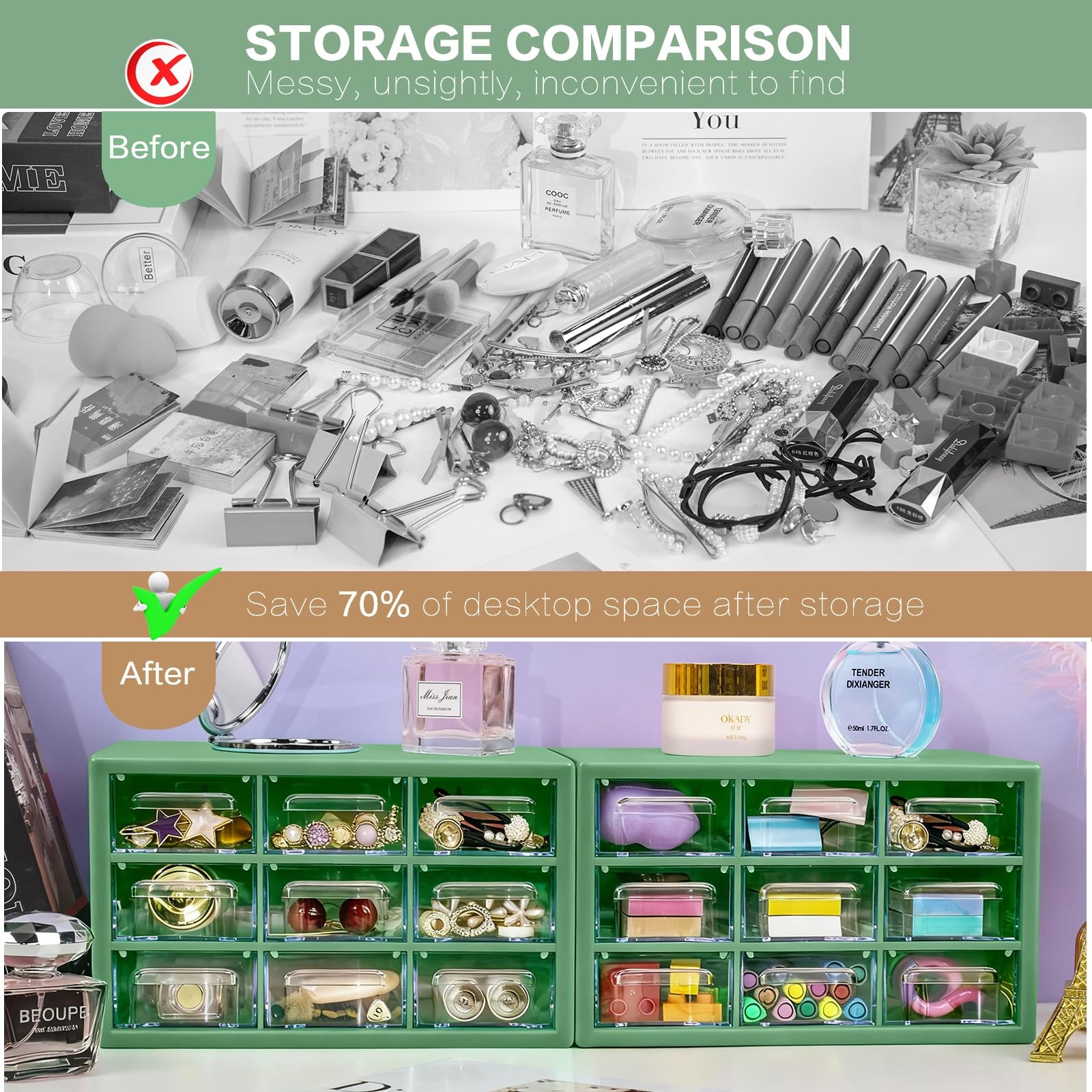 Desk Storage Organizer with 9 Drawers, Stackable Desktop Craft Drawer Cabinet...