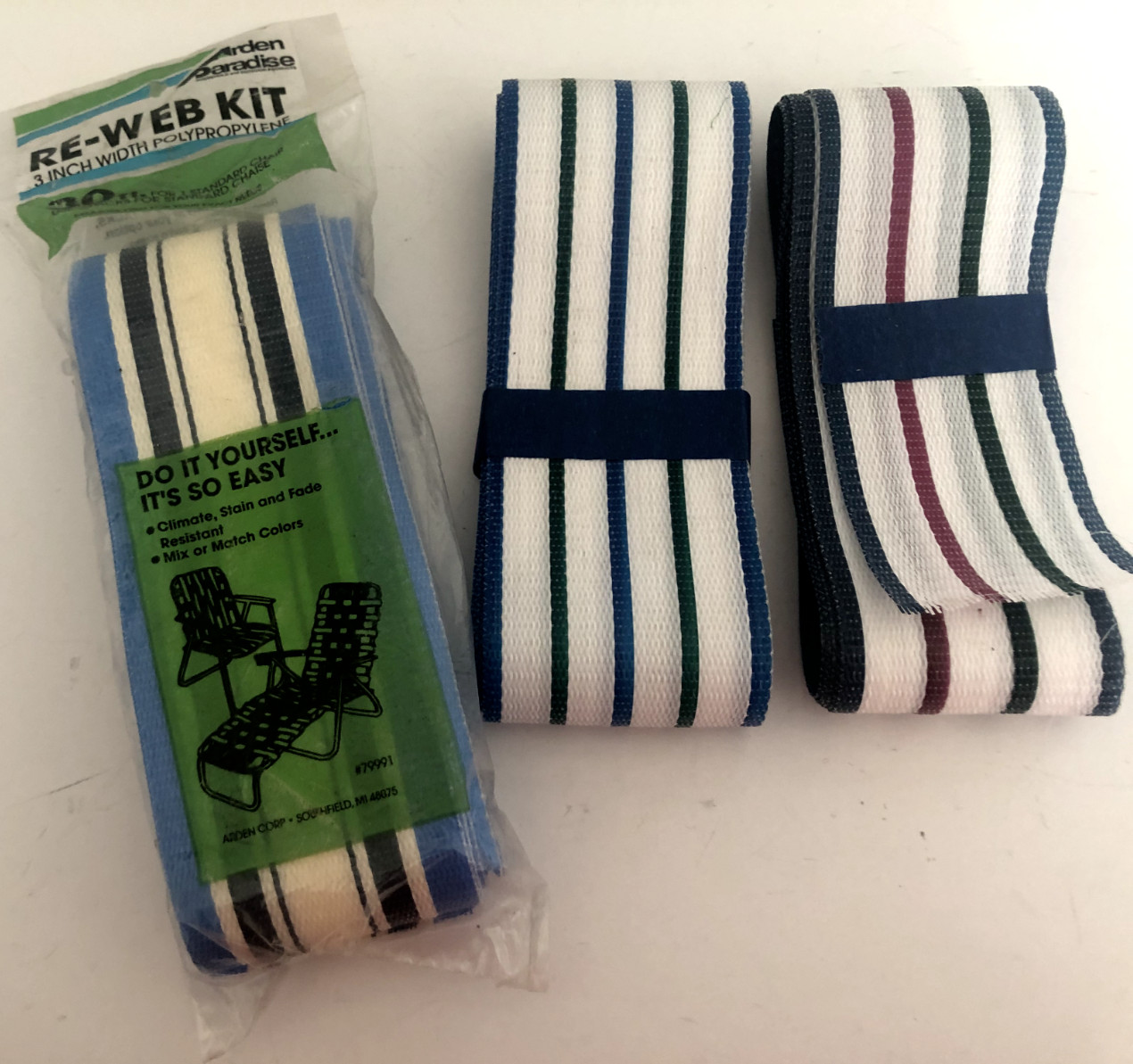 Vtg 8.5 Ft 102" Aluminum Folding Chair RE-WEB KIT Blue Red Green Striped 3" W