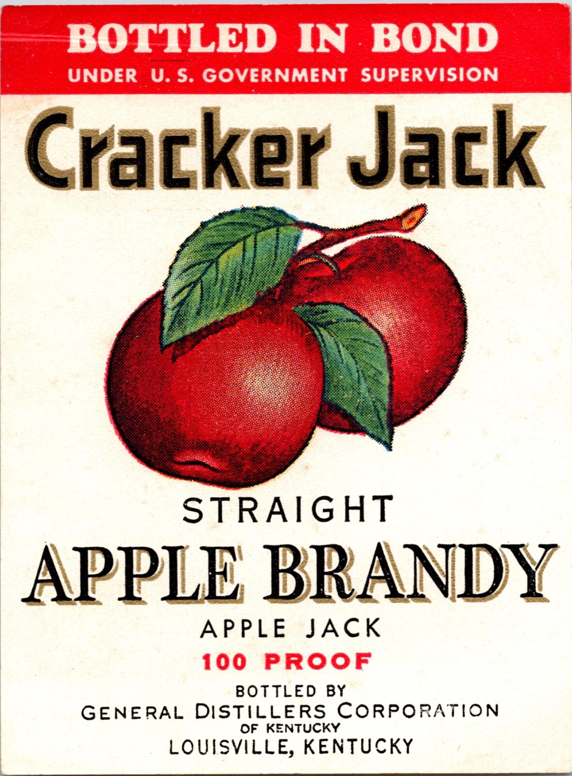 Vintage Cracker Jack Straight Kentucky Apple Brandy Label Excellent (RARE)
