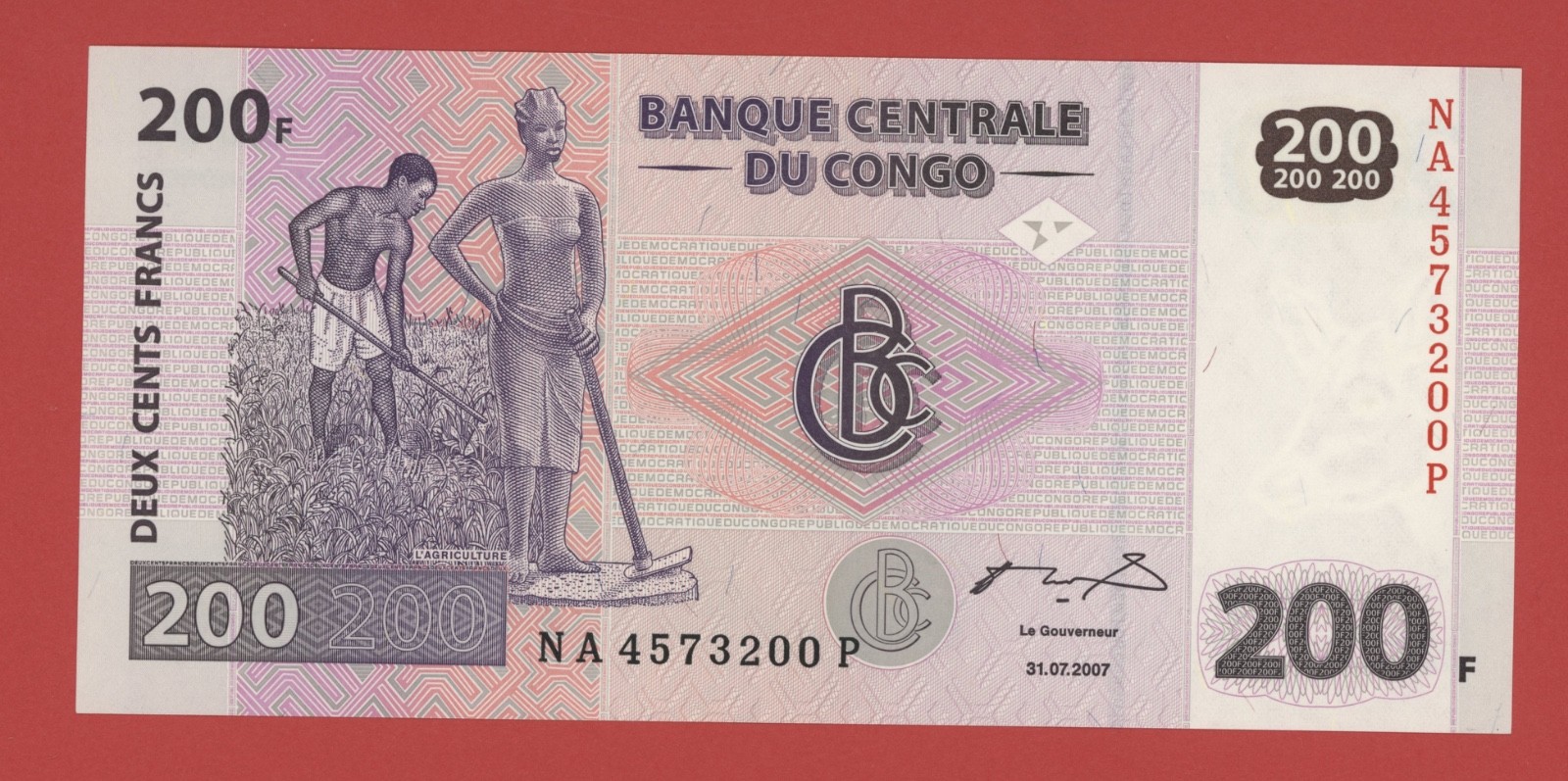CONGO DEMOCRATIC  REPUBLIC  200 FRANCS 2007 PRINTER G&D  PICK # 99  UNC.